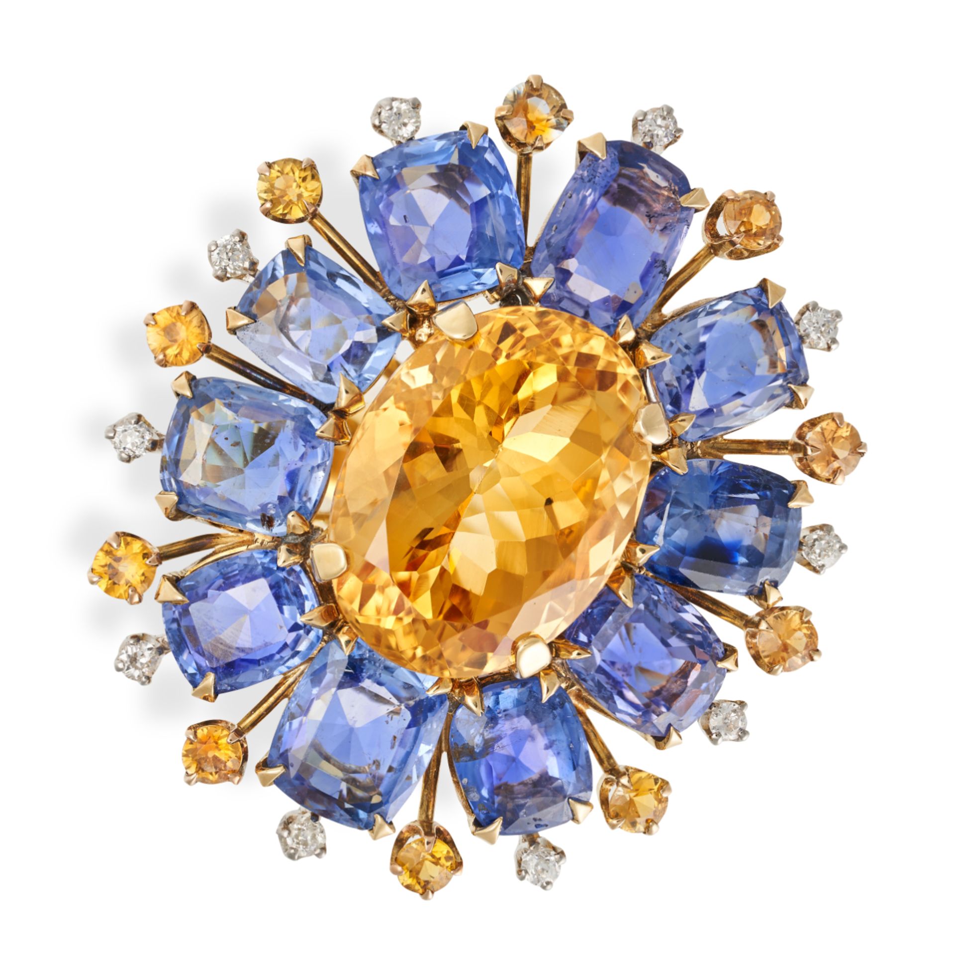 A VINTAGE CITRINE, SAPPHIRE AND DIAMOND COCKTAIL RING in 18ct yellow gold, set to the centre with...