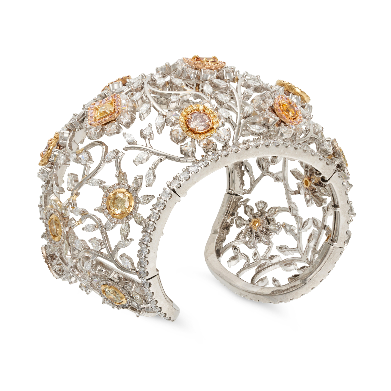 A FANCY COLOURED DIAMOND BANGLE in 18ct white gold, the openwork foliate cuff set with seventeen ... - Image 2 of 2