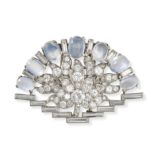 A VINTAGE MOONSTONE AND DIAMOND BROOCH in white gold, set with baguette, old and round brilliant ...