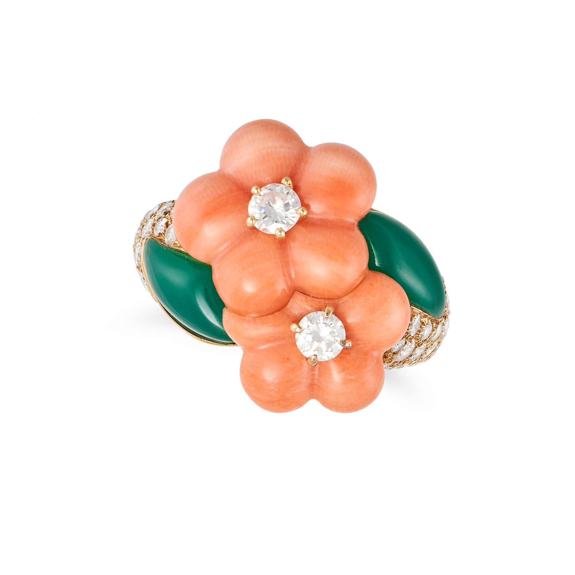 VAN CLEEF & ARPELS, A VINTAGE CORAL, CHRYSOPRASE AND DIAMOND FLOWER RING in 18ct yellow gold, com...