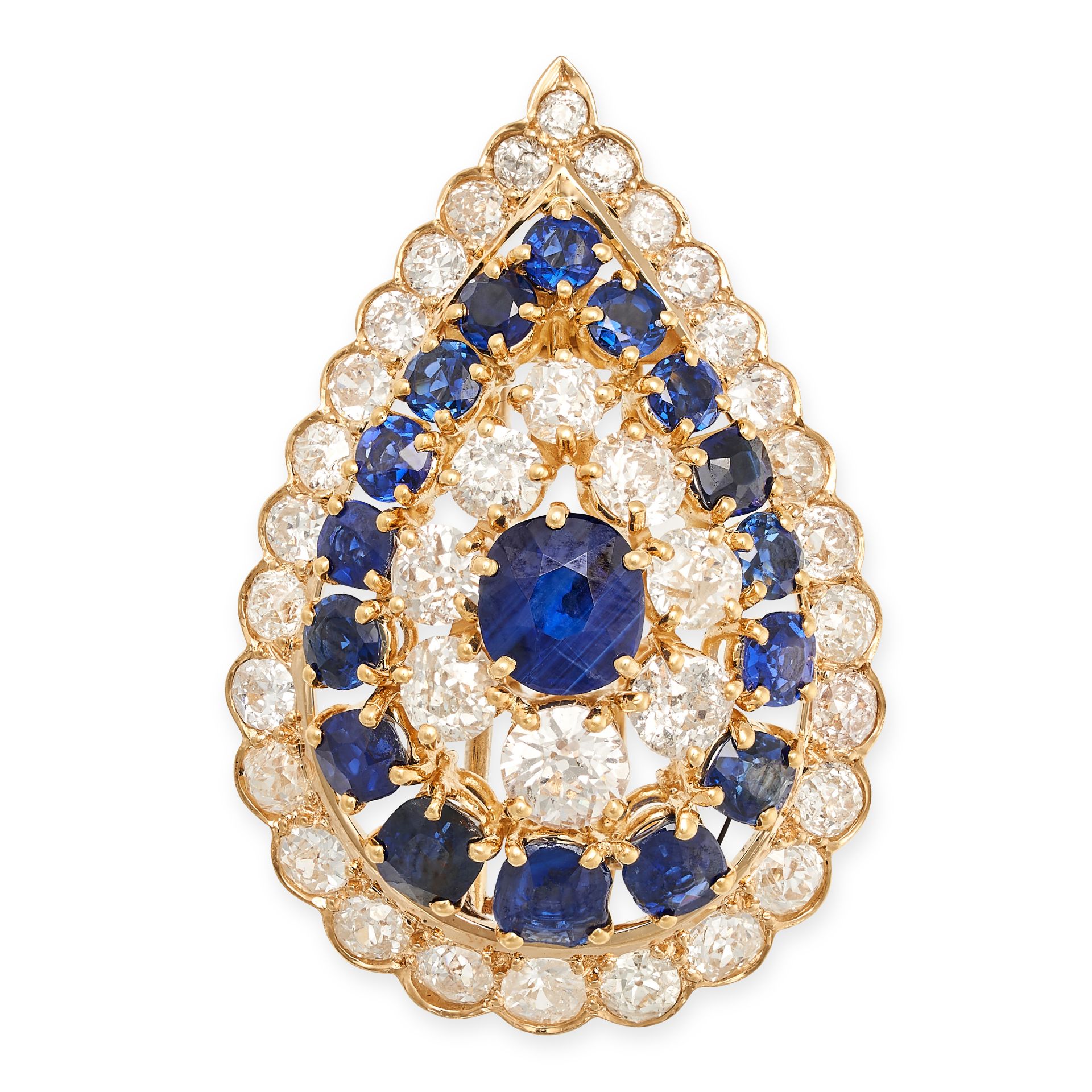 VAN CLEEF & ARPELS, A VINTAGE SAPPHIRE AND DIAMOND BROOCH in 18ct yellow gold, set with a cushion...