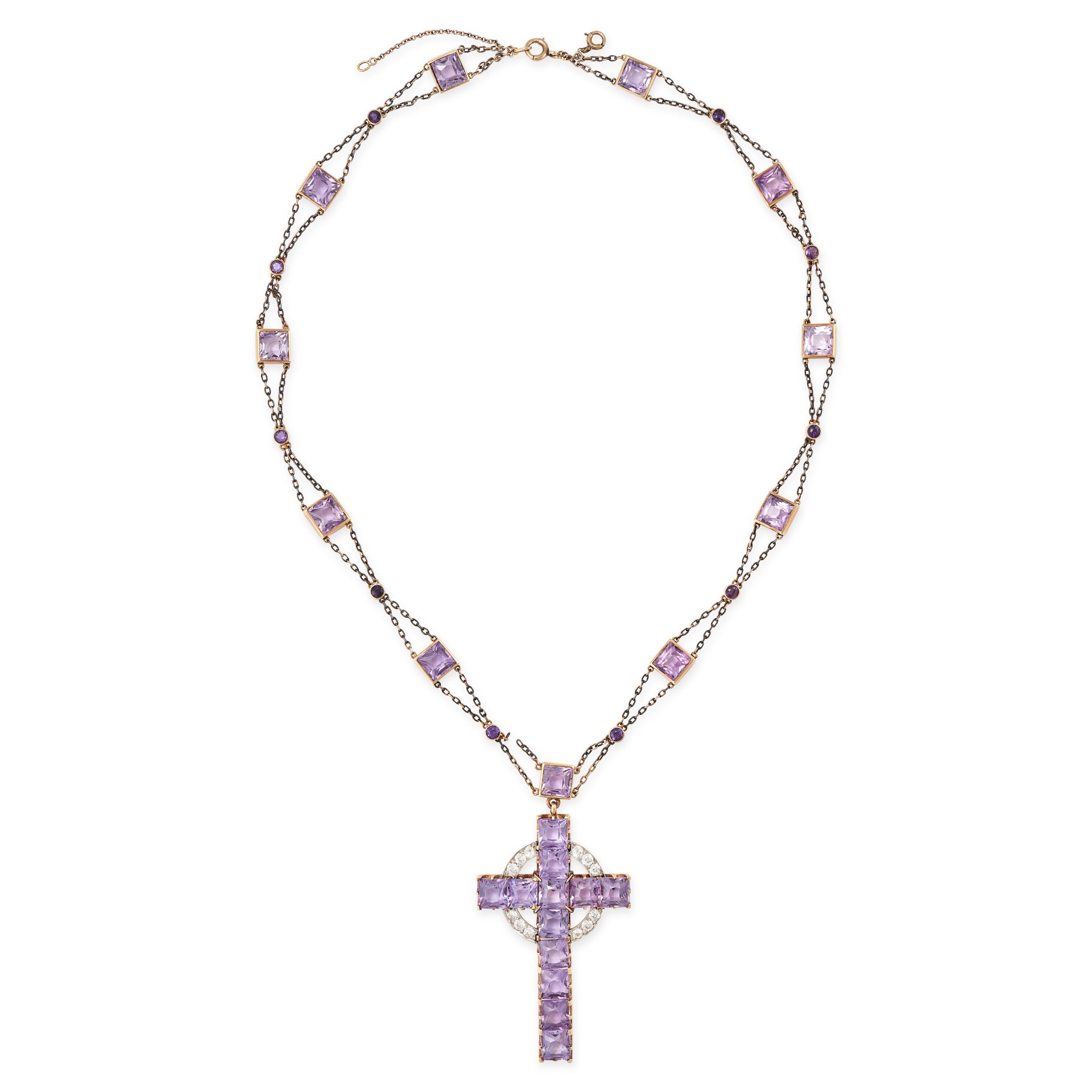 AN ANTIQUE AMETHYST AND DIAMOND CROSS PENDANT NECKLACE, EARLY 20TH CENTURY in yellow gold and sil... - Image 2 of 2