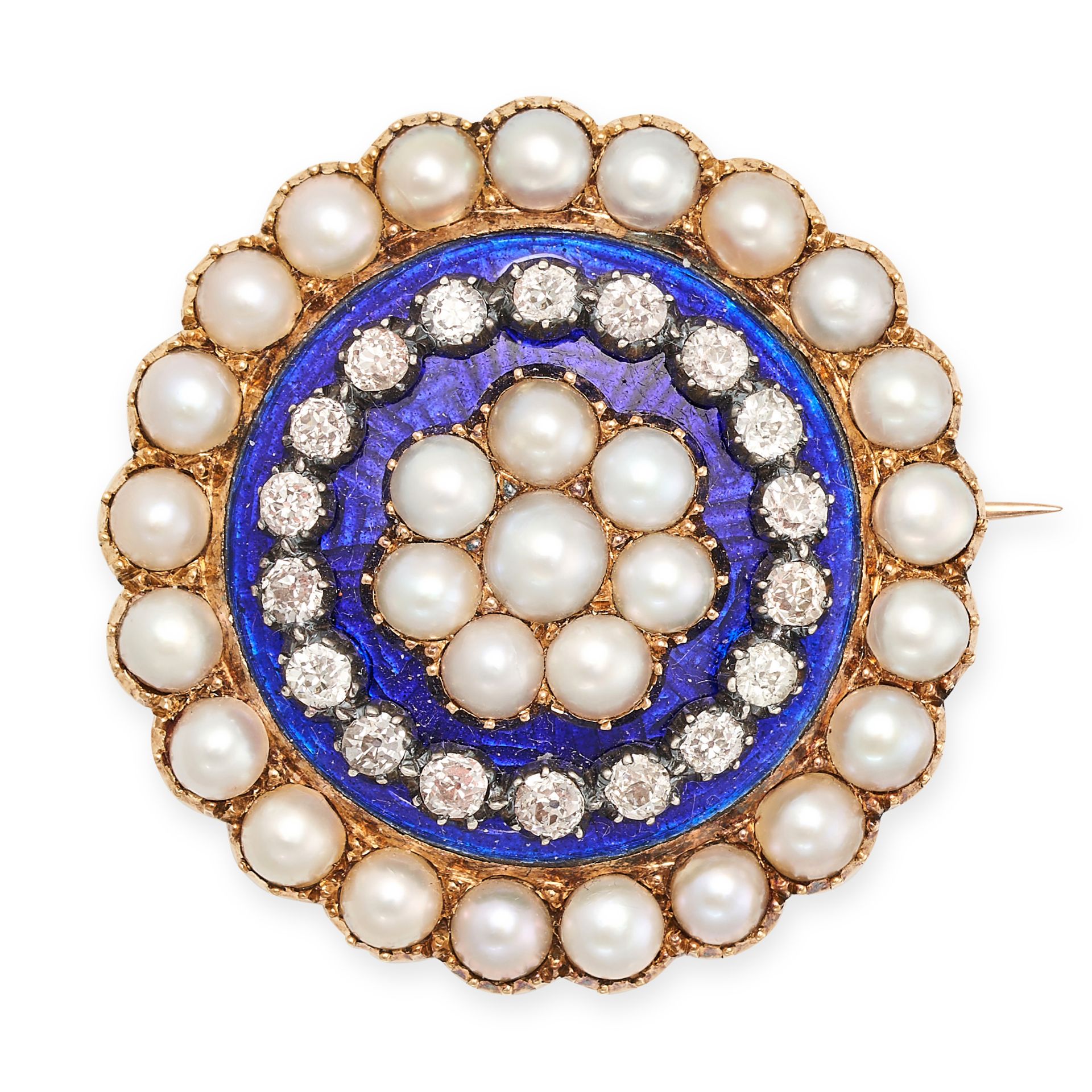 AN ANTIQUE VICTORIAN ENAMEL, PEARL AND DIAMOND BROOCH in yellow gold, set with a cluster of pearl...