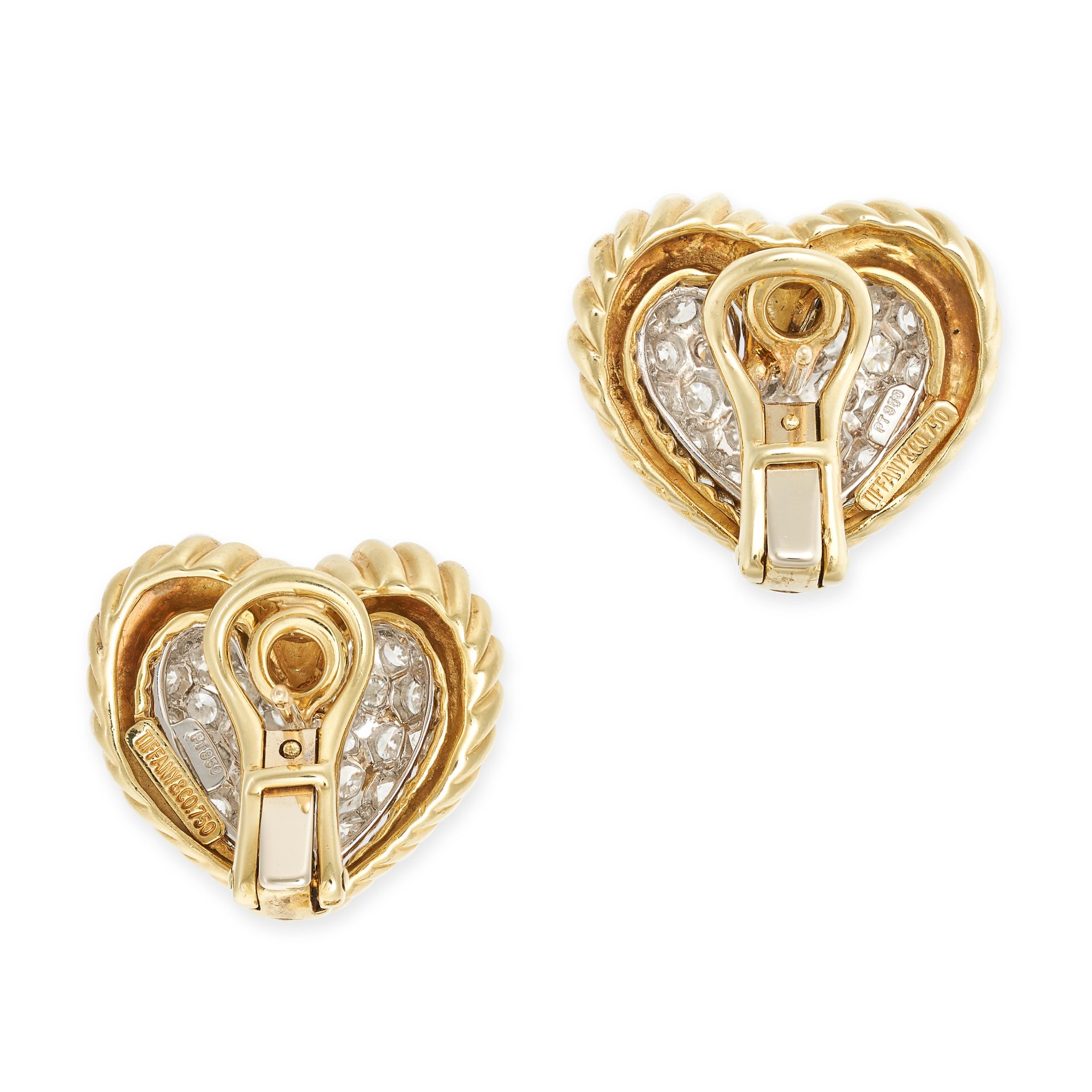 TIFFANY & CO., A PAIR OF DIAMOND HEART EARRINGS in 18ct yellow gold, each designed as a heart pav... - Image 2 of 2