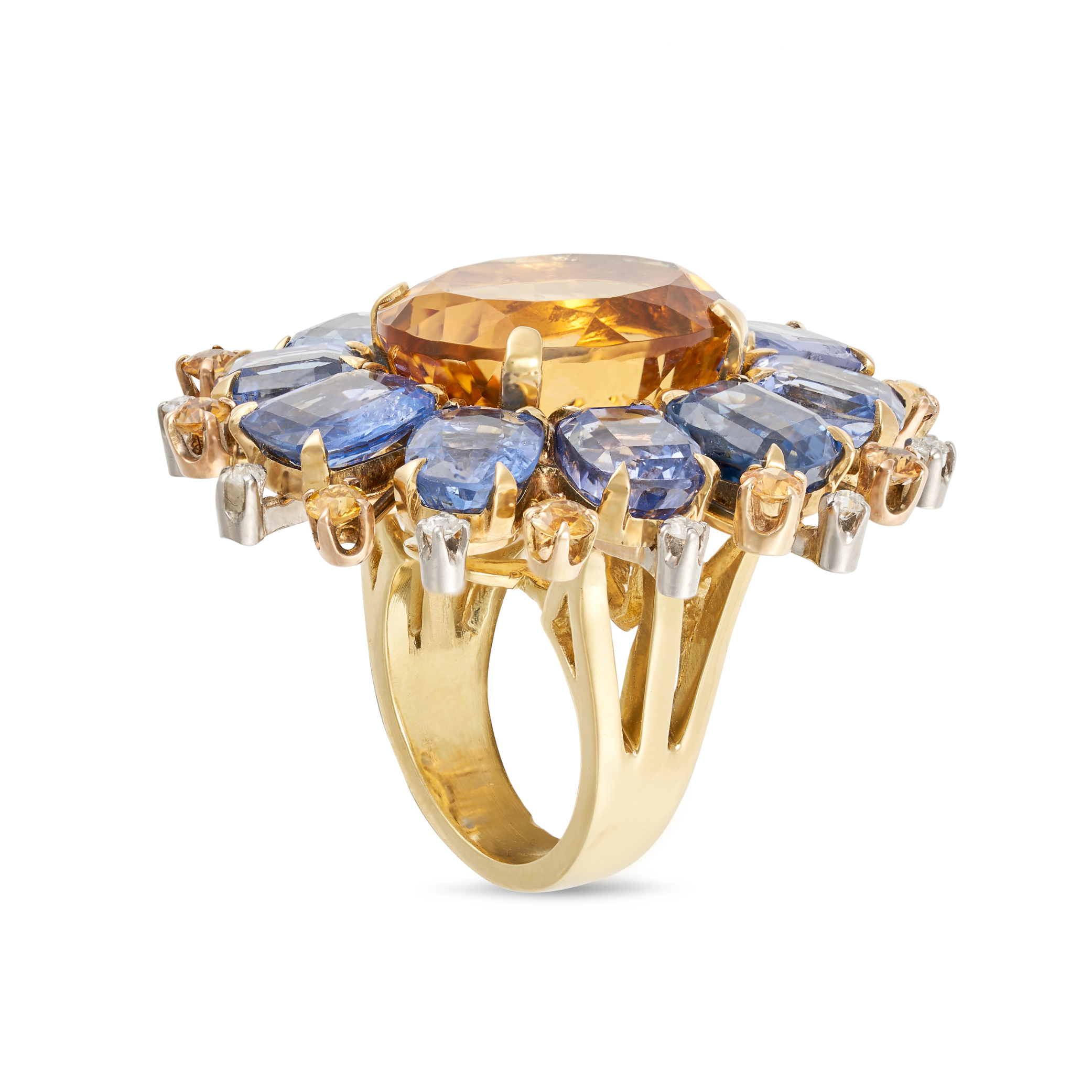 A VINTAGE CITRINE, SAPPHIRE AND DIAMOND COCKTAIL RING in 18ct yellow gold, set to the centre with... - Image 2 of 2