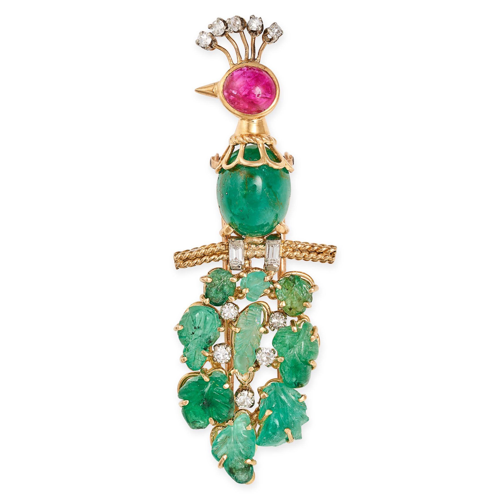 A TUTTI FRUTTI EMERALD, RUBY AND DIAMOND PEACOCK BROOCH in 18ct yellow gold, designed as a peacoc...