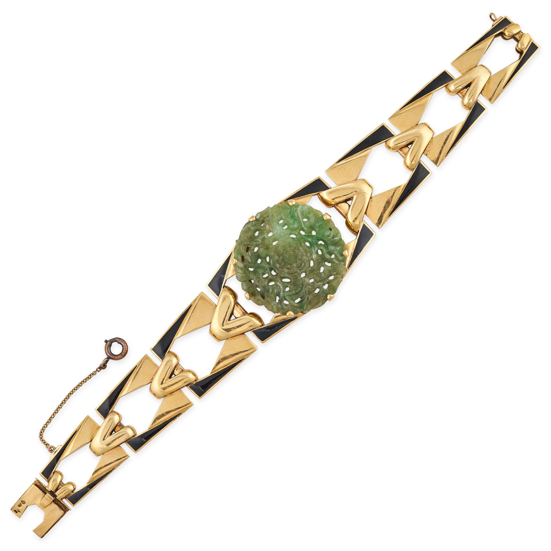 A VINTAGE FRENCH JADEITE JADE AND ENAMEL BRACELET in 18ct yellow gold, set with a central carved ...