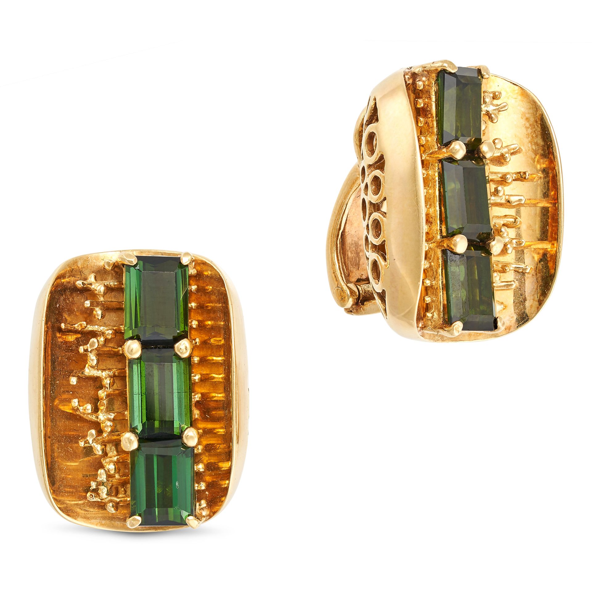 GUBELIN, A PAIR OF VINTAGE GREEN TOURMALINE CLIP EARRINGS in 18ct yellow gold, each set with thre...