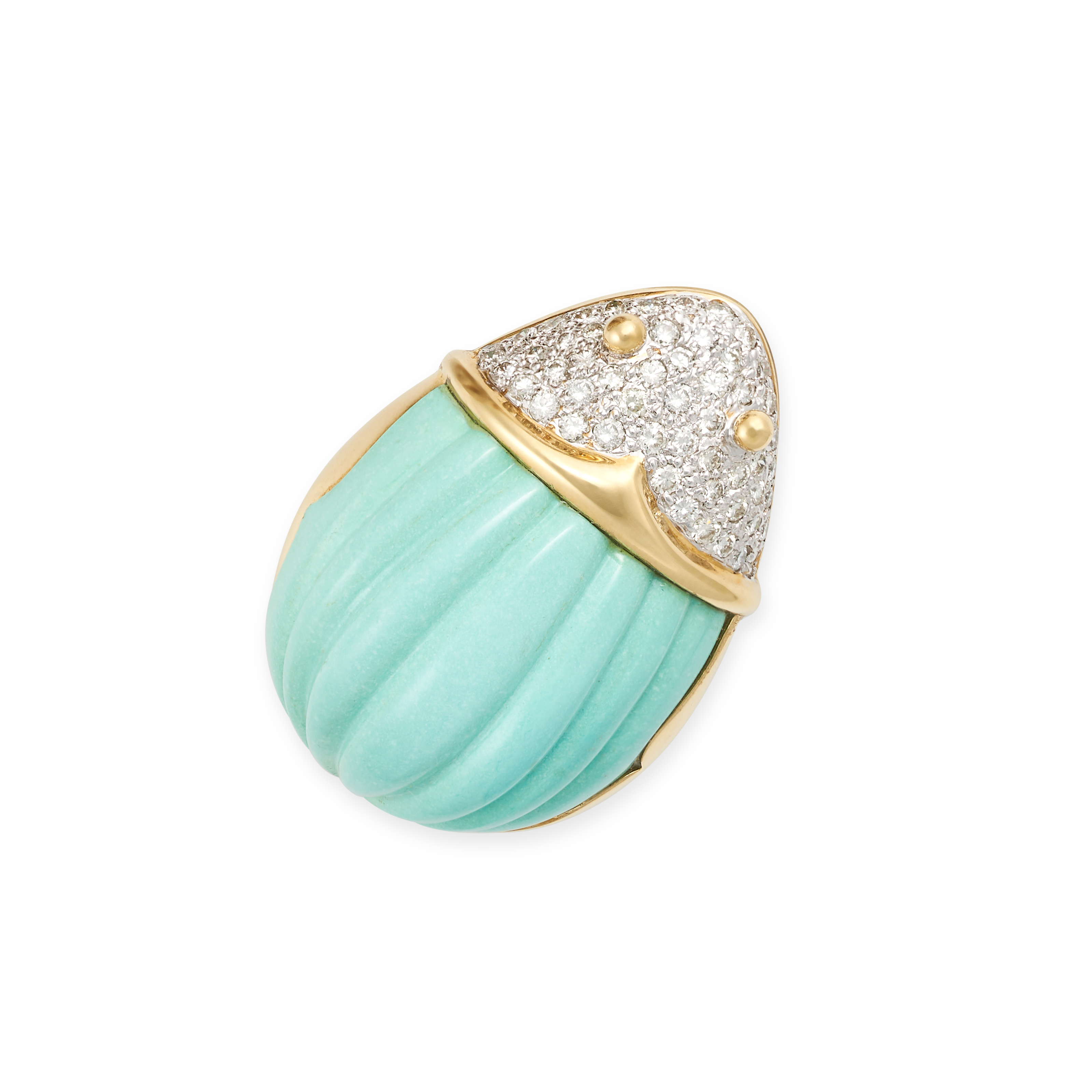 A VINTAGE TURQUOISE AND DIAMOND BEETLE BROOCH in 18ct yellow gold, the body set with a carved tur...