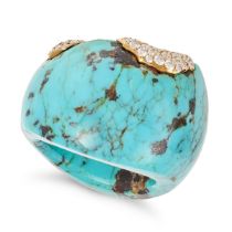 A TURQUOISE AND DIAMOND RING in 18ct yellow gold, comprising a polished turquoise band set with t...