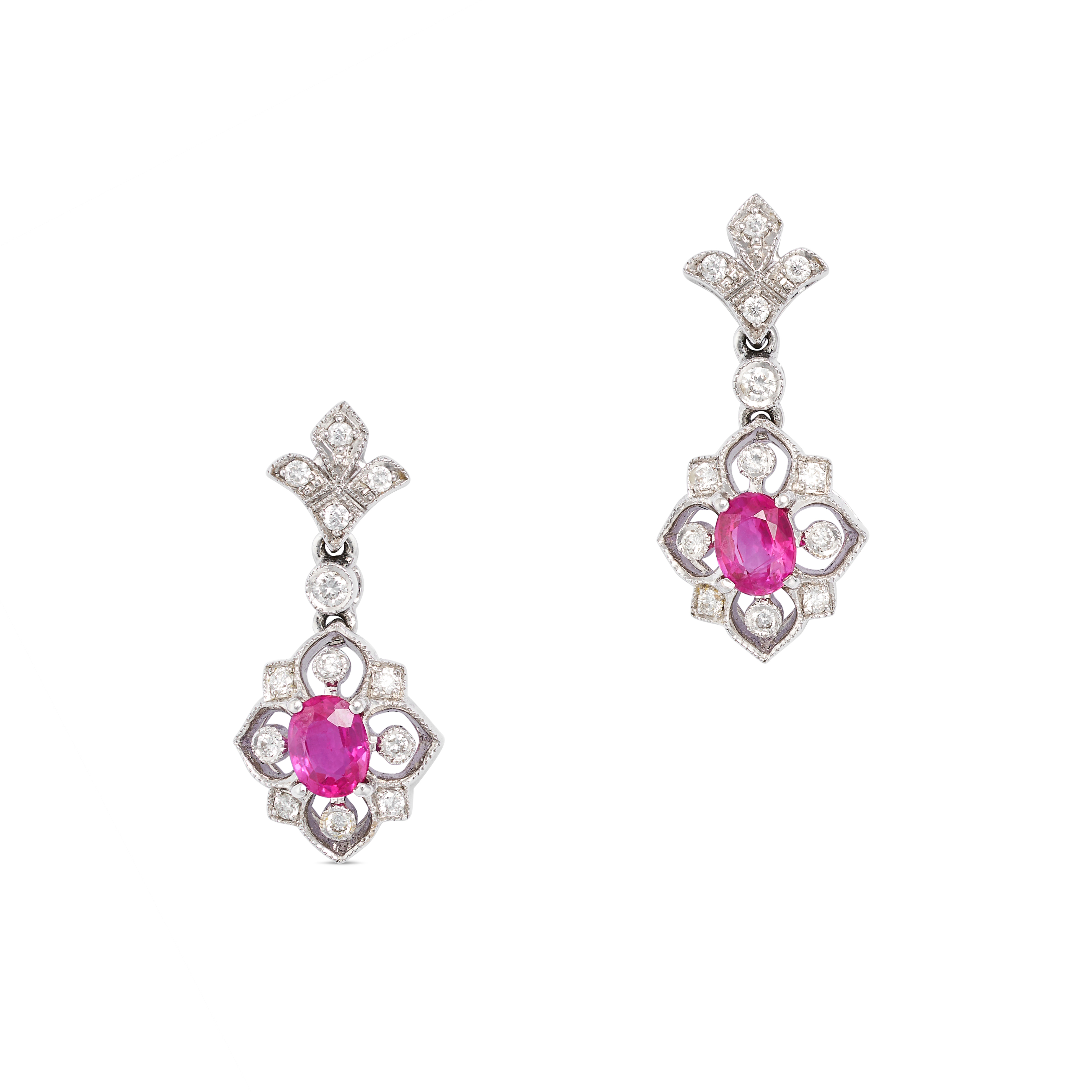 A PAIR OF RUBY AND DIAMOND DROP EARRINGS in 18ct white gold, each set with round brilliant cut di...