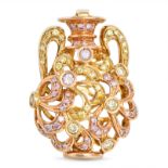 A FANCY COLOURED DIAMOND VASE PENDANT in 18ct yellow gold, set throughout with round brilliant cu...