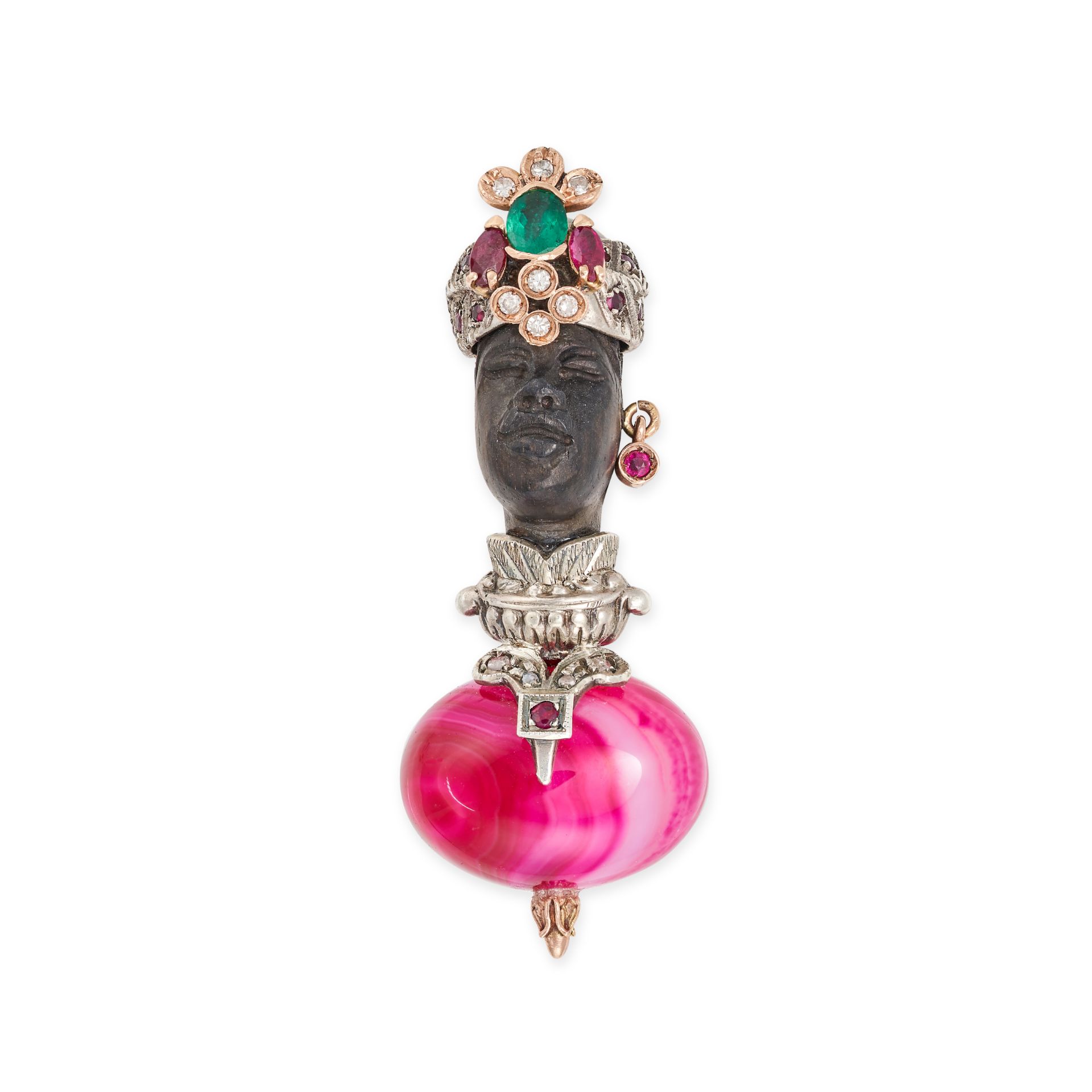 A VINTAGE EBONY, EMERALD, RUBY AND DIAMOND BLACKAMOOR PENDANT in yellow gold and silver, designed...