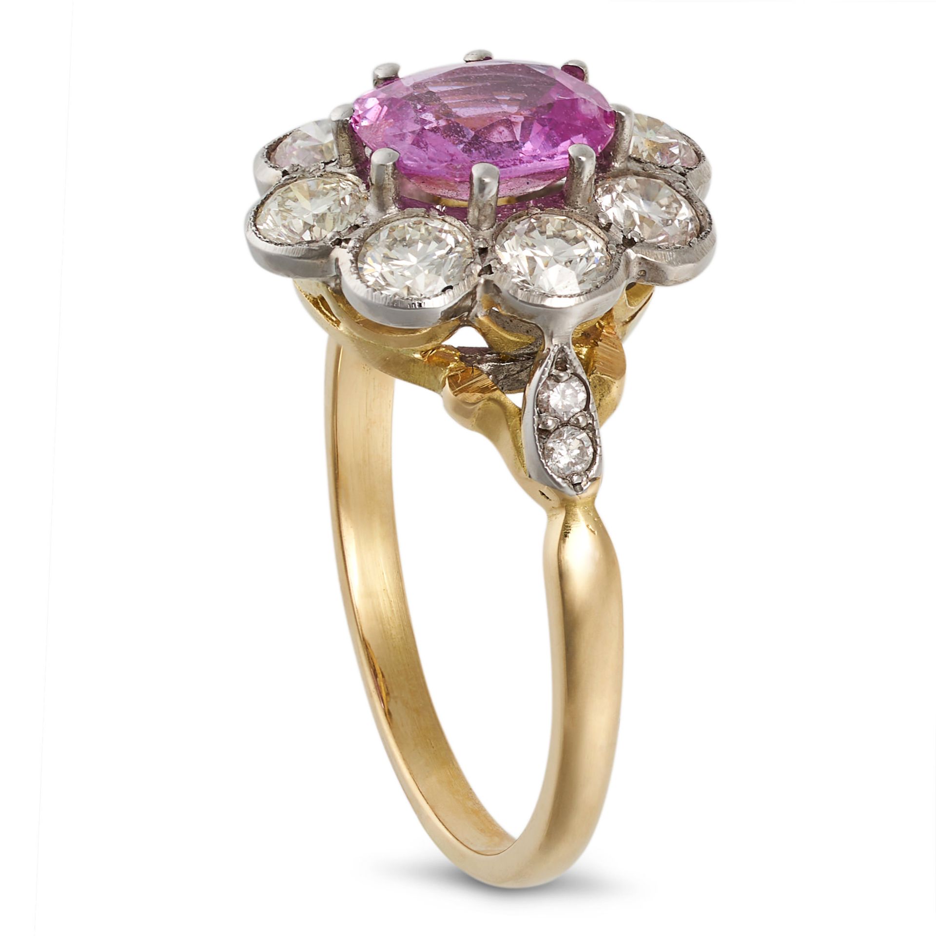 A PINK SAPPHIRE AND DIAMOND CLUSTER RING in yellow gold, set with a cushion cut pink sapphire of ... - Image 2 of 2
