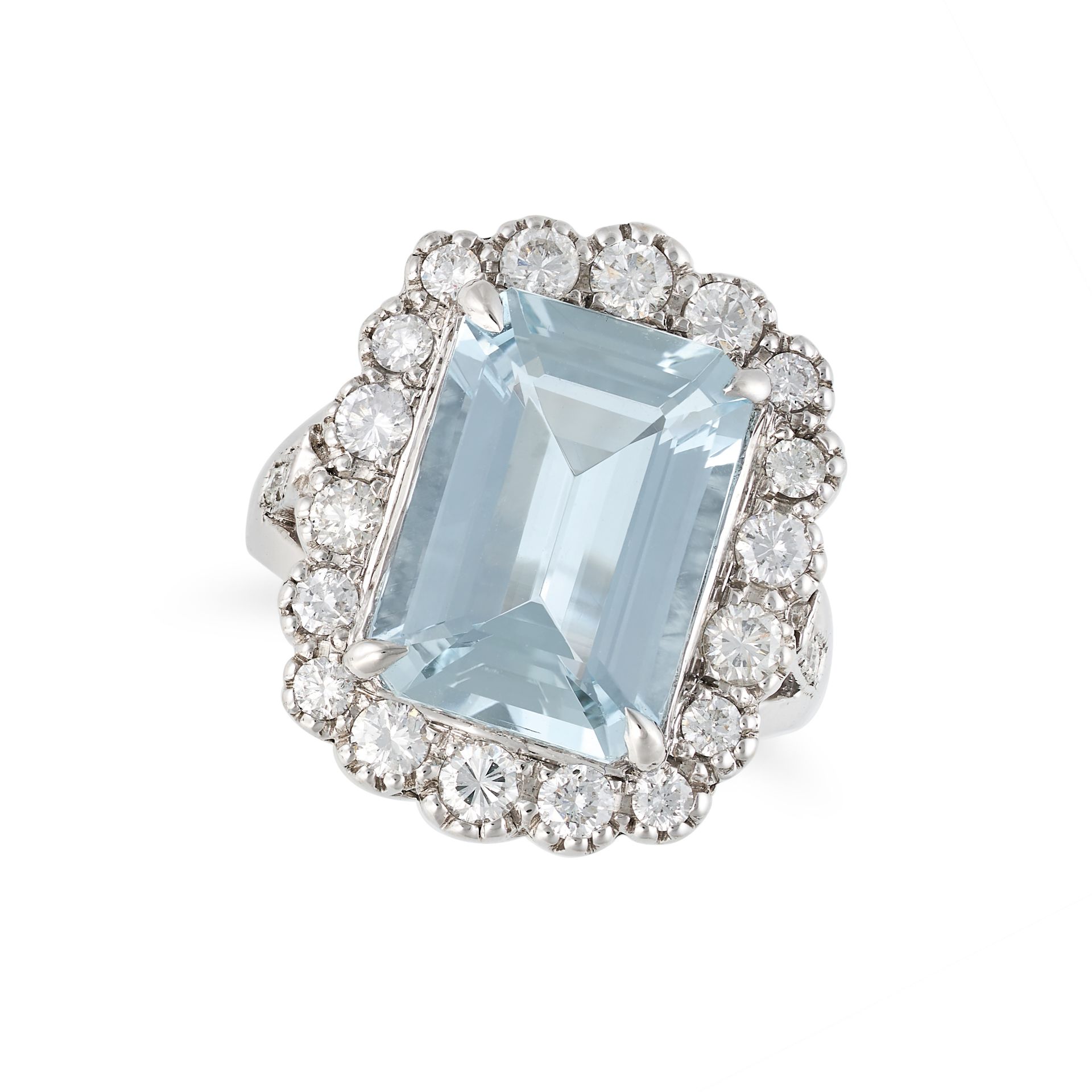 AN AQUAMARINE AND DIAMOND CLUSTER RING in 18ct white gold, set with an octagonal step cut aquamar...