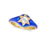 AN ENAMEL AND DIAMOND RING in yellow gold, the ring decorated with blue enamel set to the centre ...