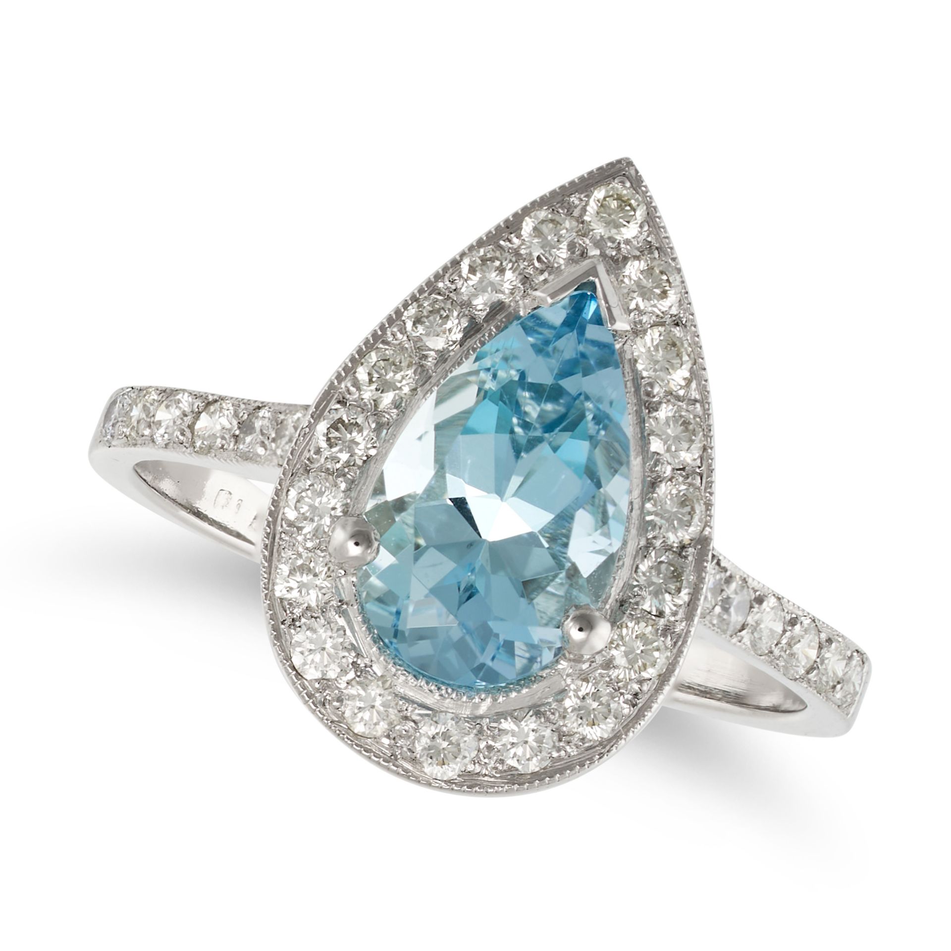 AN AQUAMARINE AND DIAMOND CLUSTER RING in platinum, set with a pear cut aquamarine of approximate...