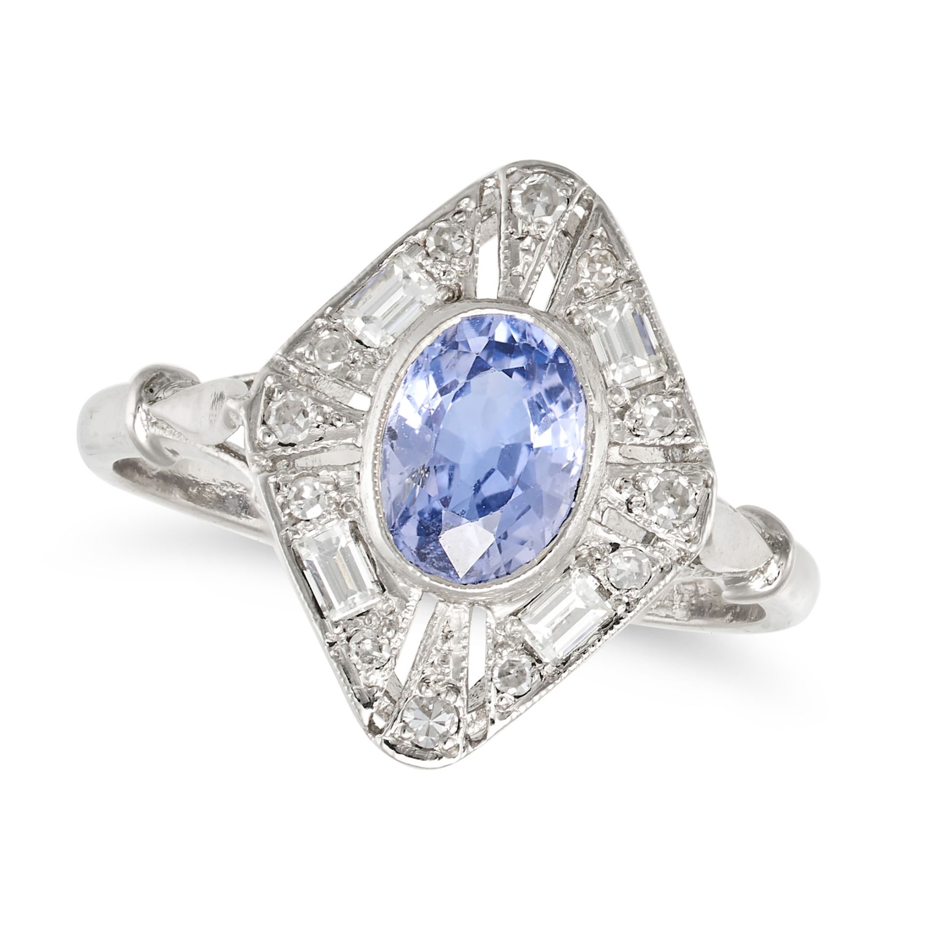 NO RESERVE - A SAPPHIRE AND DIAMOND DRESS RING in platinum, set with an oval cut sapphire of appr...
