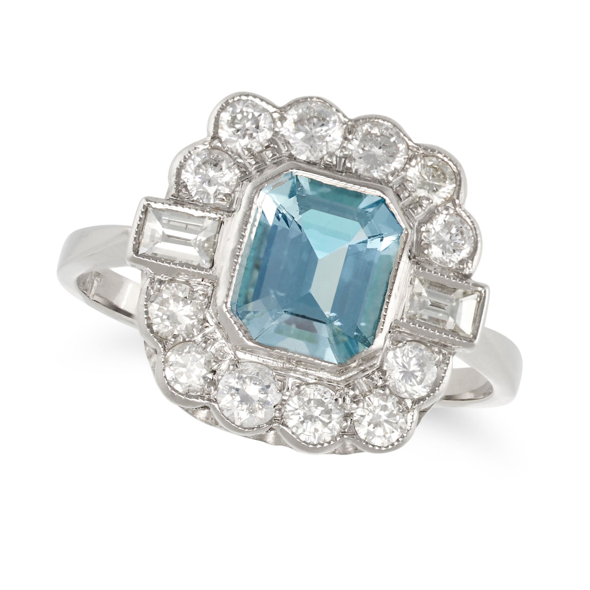 AN AQUAMARINE AND DIAMOND CLUSTER RING in platinum, set with an octagonal step cut aquamarine of ...