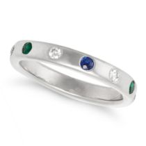 AN EMERALD, SAPPHIRE AND DIAMOND ETERNITY RING in 18ct white gold, set throughout with alternatin...
