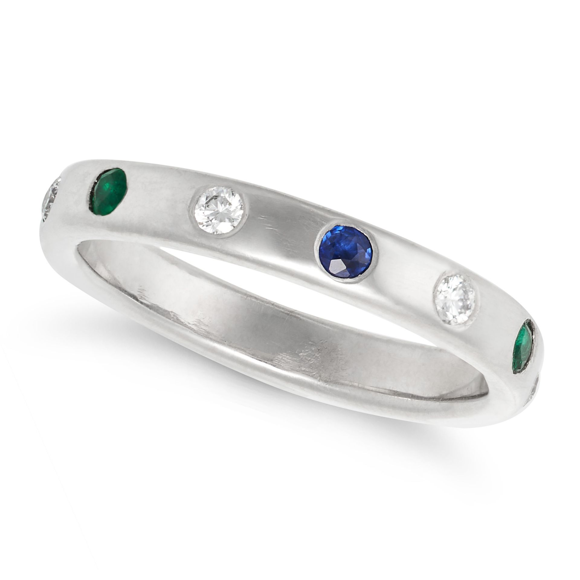 AN EMERALD, SAPPHIRE AND DIAMOND ETERNITY RING in 18ct white gold, set throughout with alternatin...