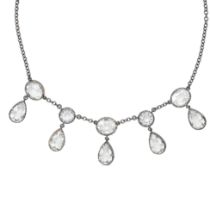 A ROCK CRYSTAL FRINGE NECKLACE in silver, the trace chain suspending five drops set with oval and...