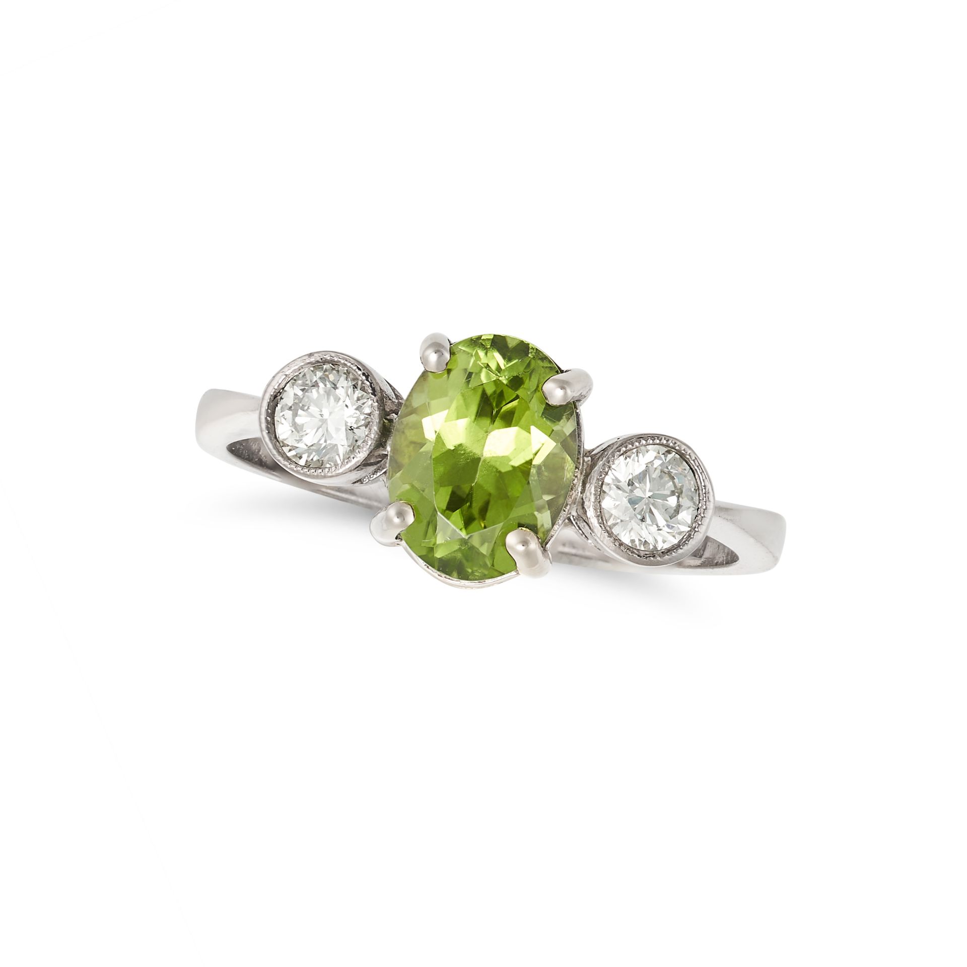 A PERIDOT AND DIAMOND THREE STONE RING in 18ct white gold, set with an oval cut peridot of approx...