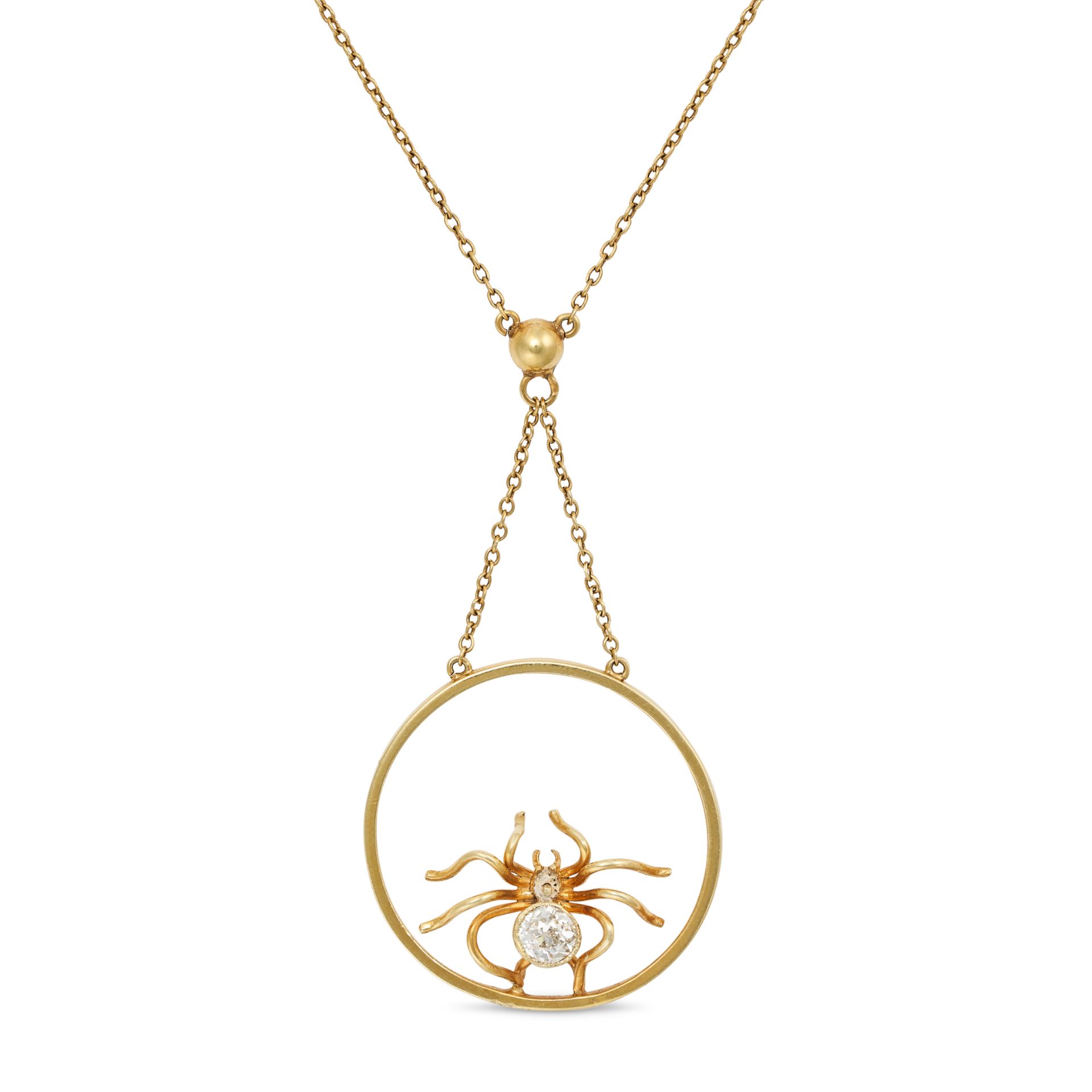 AN ANTIQUE DIAMOND SPIDER PENDANT NECKLACE in 15ct yellow gold, the circular pendant with a spide...