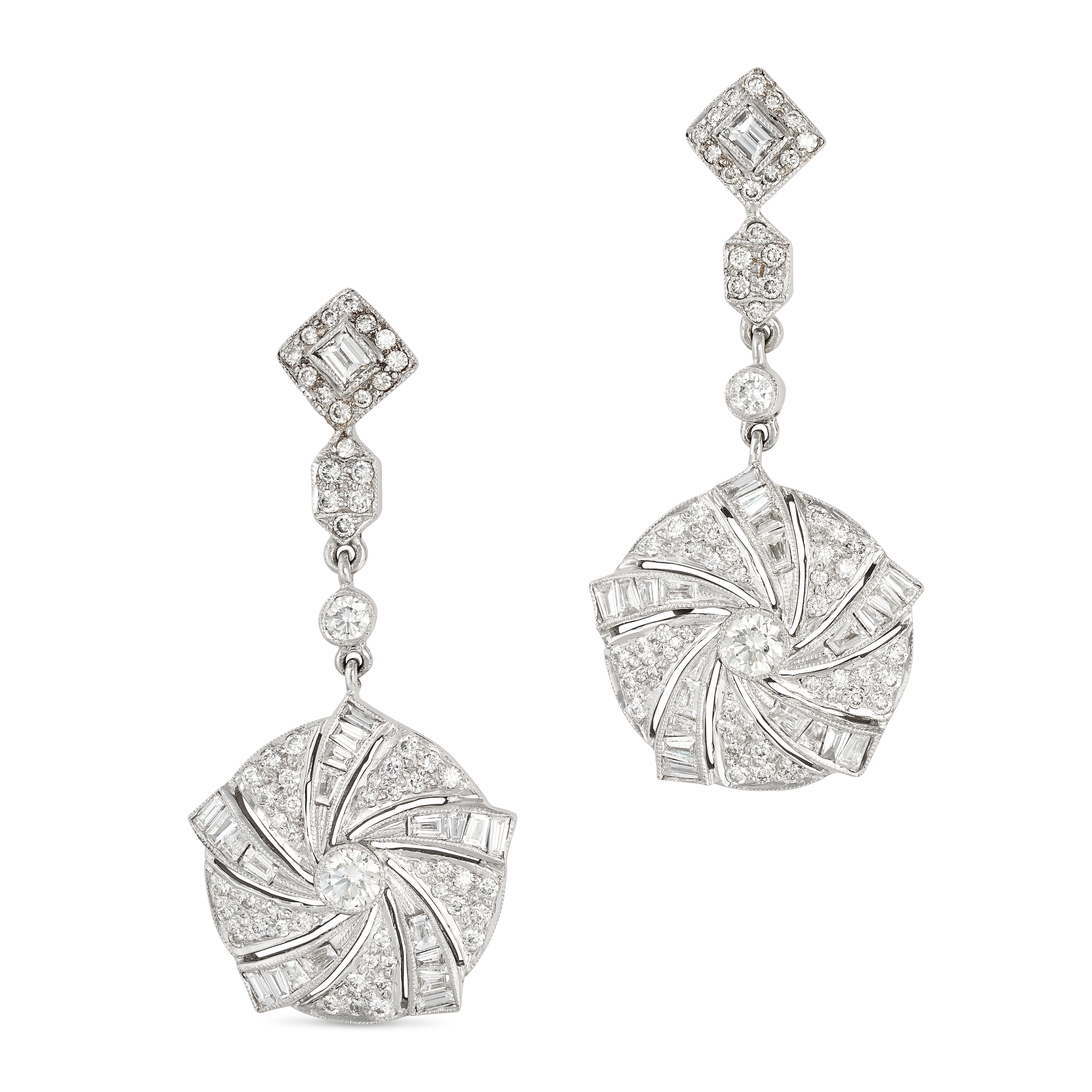 A PAIR OF DIAMOND DROP EARRINGS in 18ct white gold, each comprising a baguette cut diamond in a b...