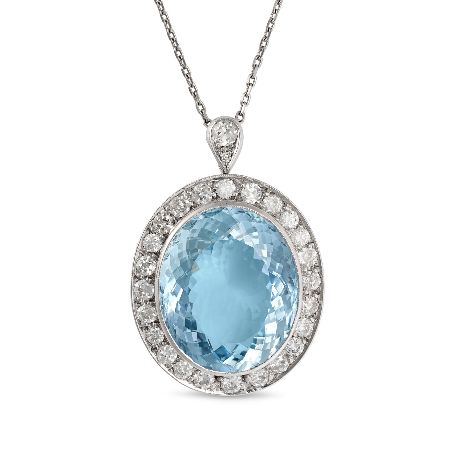 AN AQUAMARINE AND DIAMOND PENDANT NECKLACE set with an oval cut aquamarine of approximately 26.00...