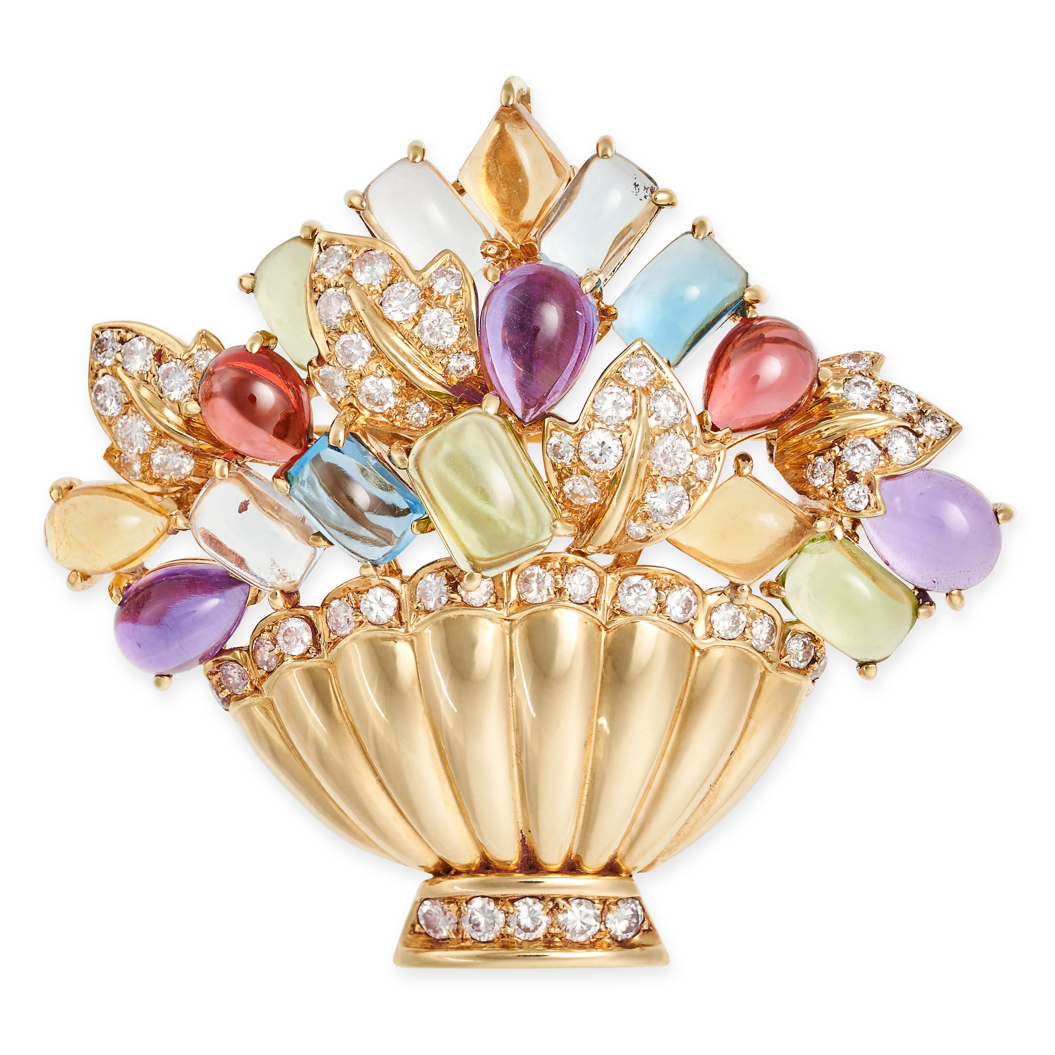 A GEMSET GIARDINETTO BROOCH / PENDANT in 18ct yellow gold, designed as a basket of flowers set wi...