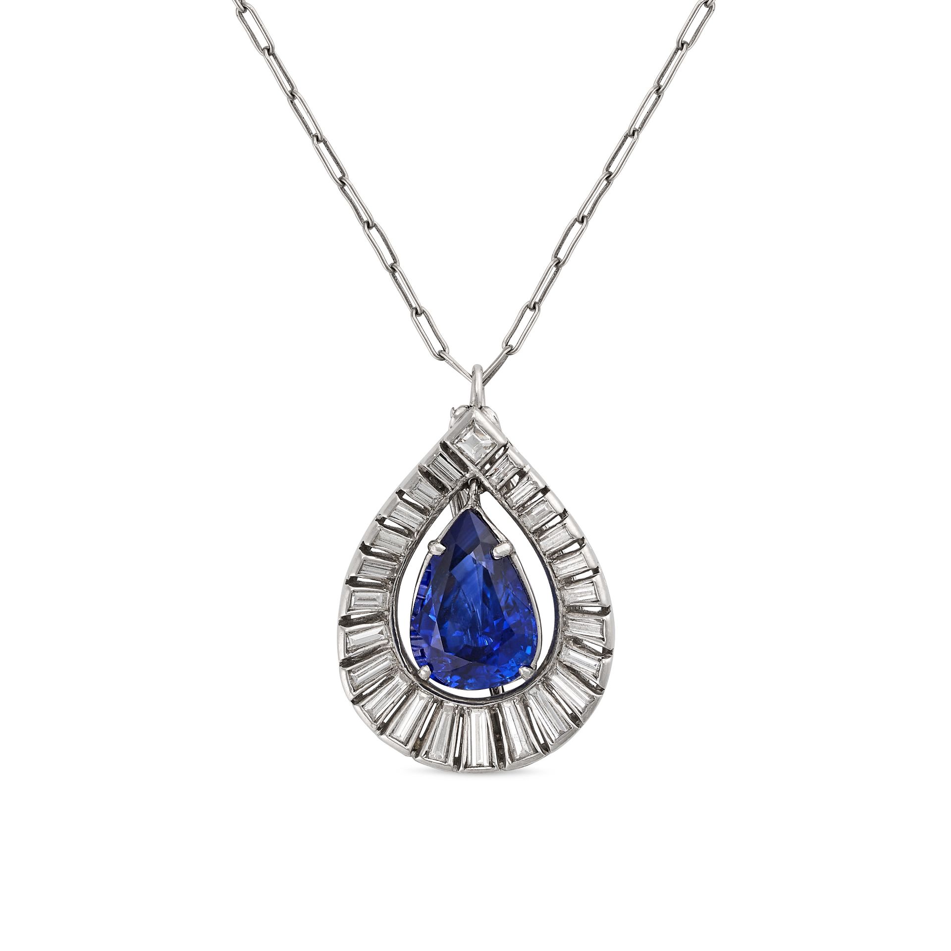 A SAPPHIRE AND DIAMOND PENDANT NECKLACE in platinum, the pendant set with a pear cut sapphire of ...