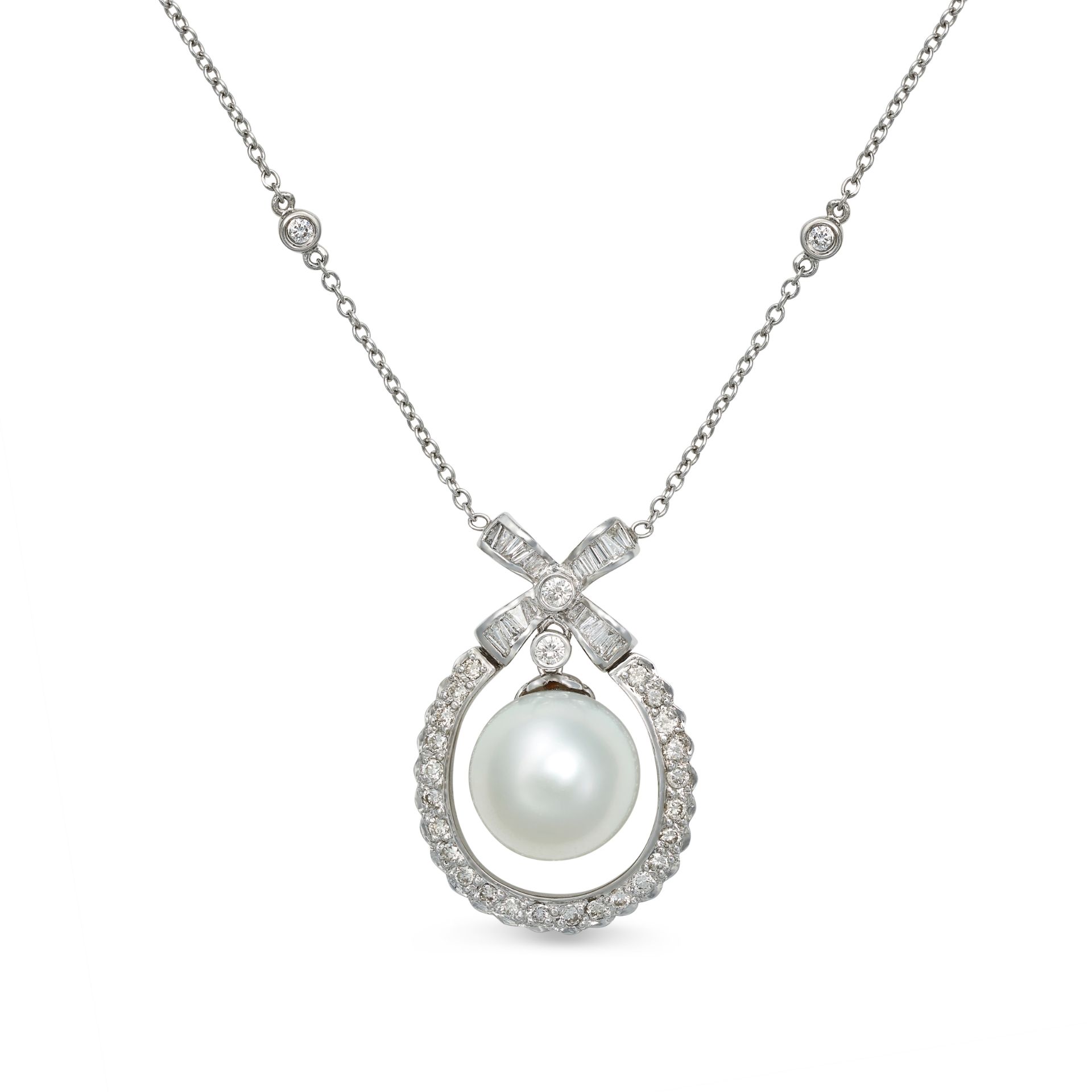 A DIAMOND AND PEARL PENDANT NECKLACE in 18ct white gold, set with a central pearl of 11.0mm withi...