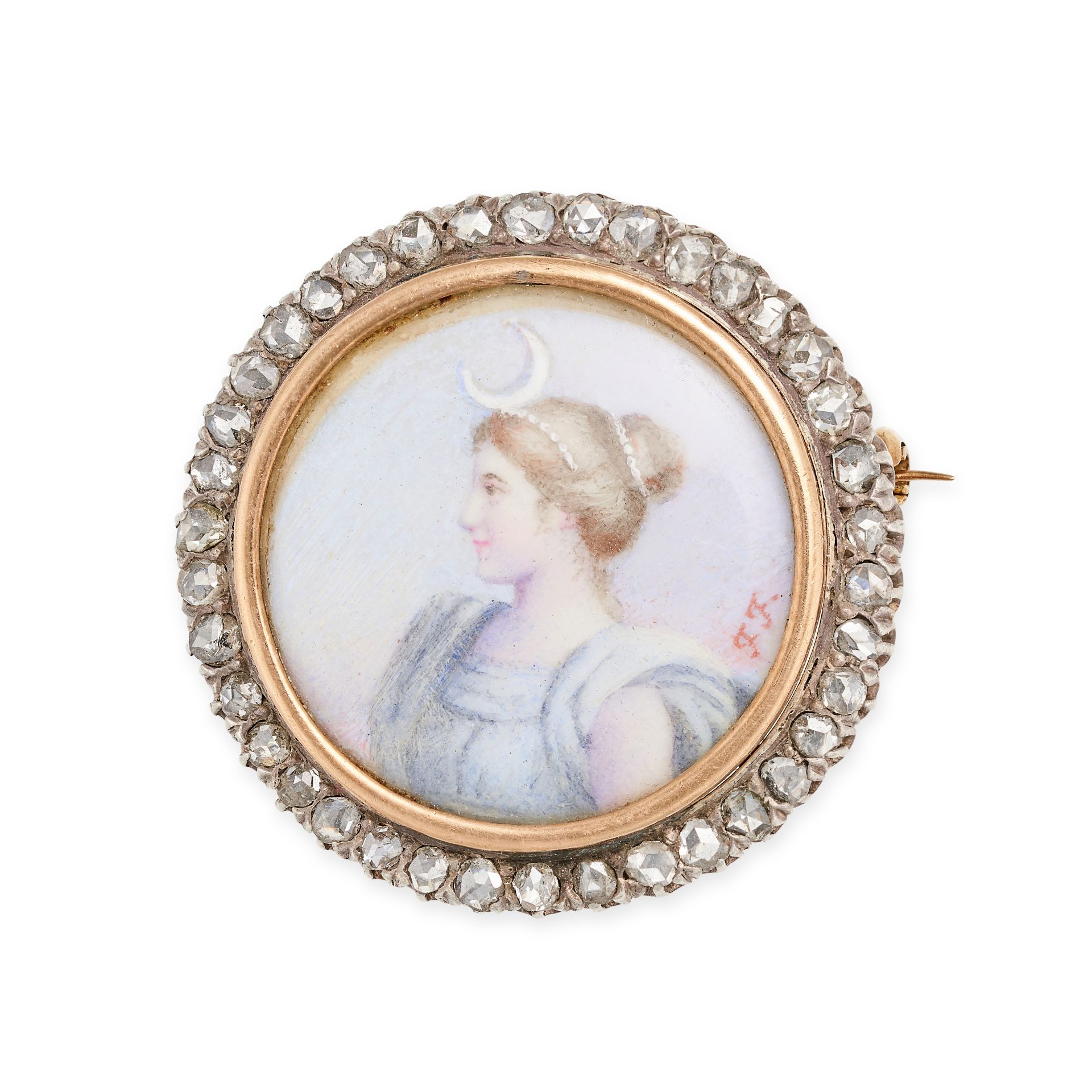 AN ANTIQUE DIAMOND PAINTED MINIATURE BROOCH in yellow gold and silver, set with a painted portrai...