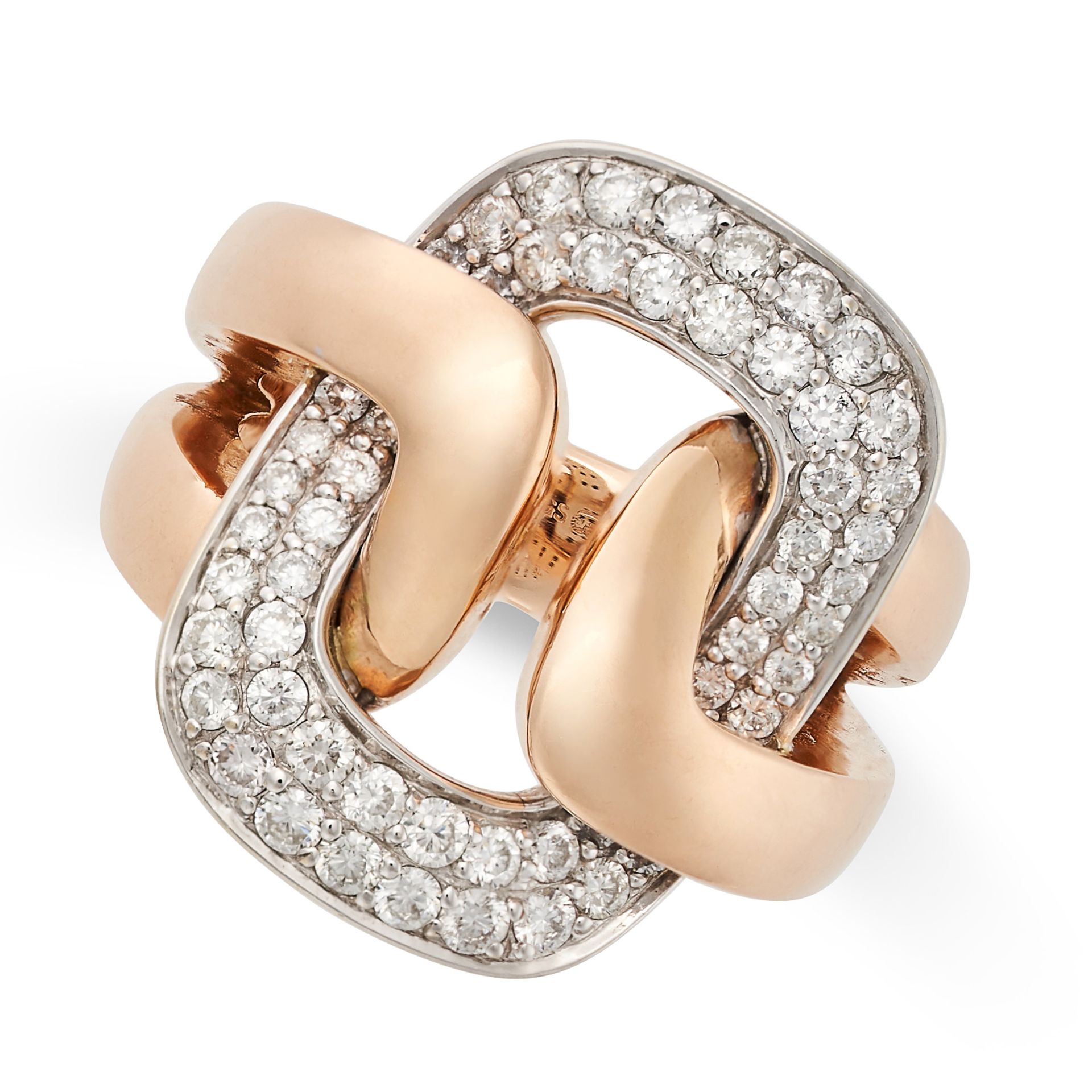 A DIAMOND BUCKLE RING in 18ct rose and white gold, the buckle pave set with round brilliant cut d...