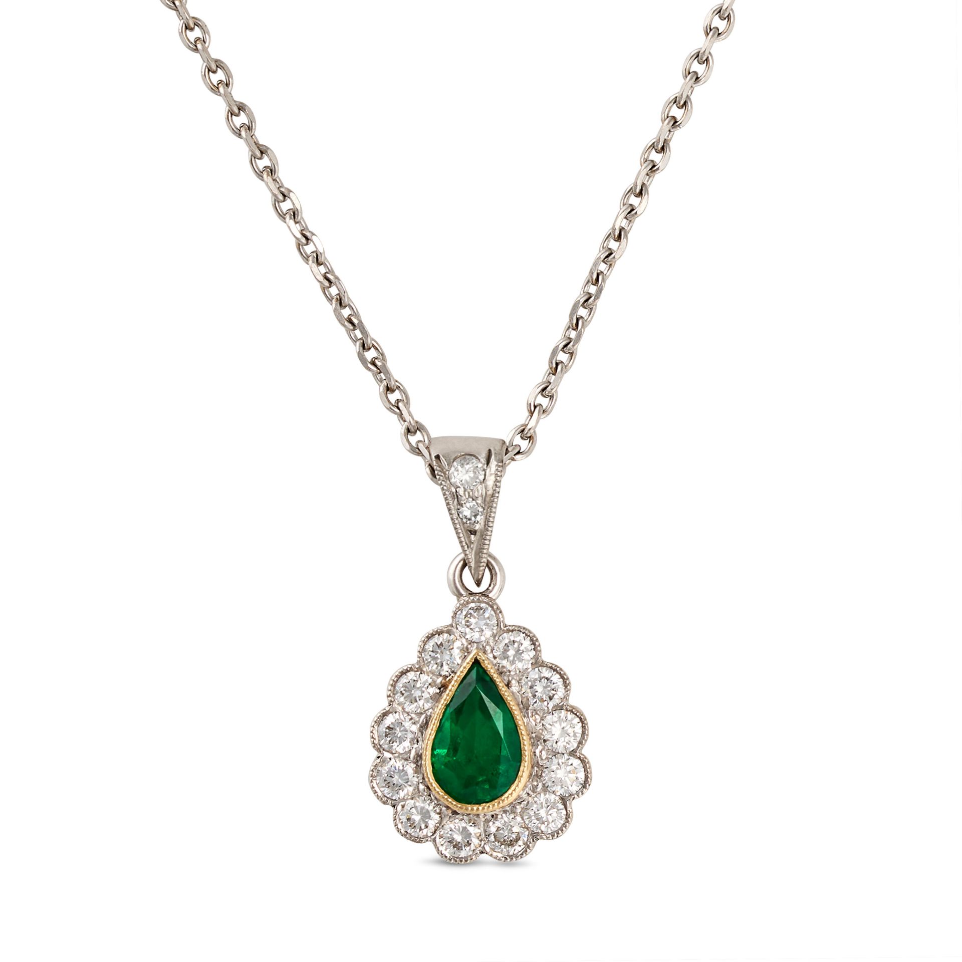 AN EMERALD AND DIAMOND PENDANT NECKLACE in 18ct white and yellow gold, the pendant set with a pea...