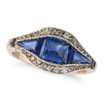 A BLUE AND WHITE PASTE RING in yellow gold, set with rectangular and triangular step cut blue pas...
