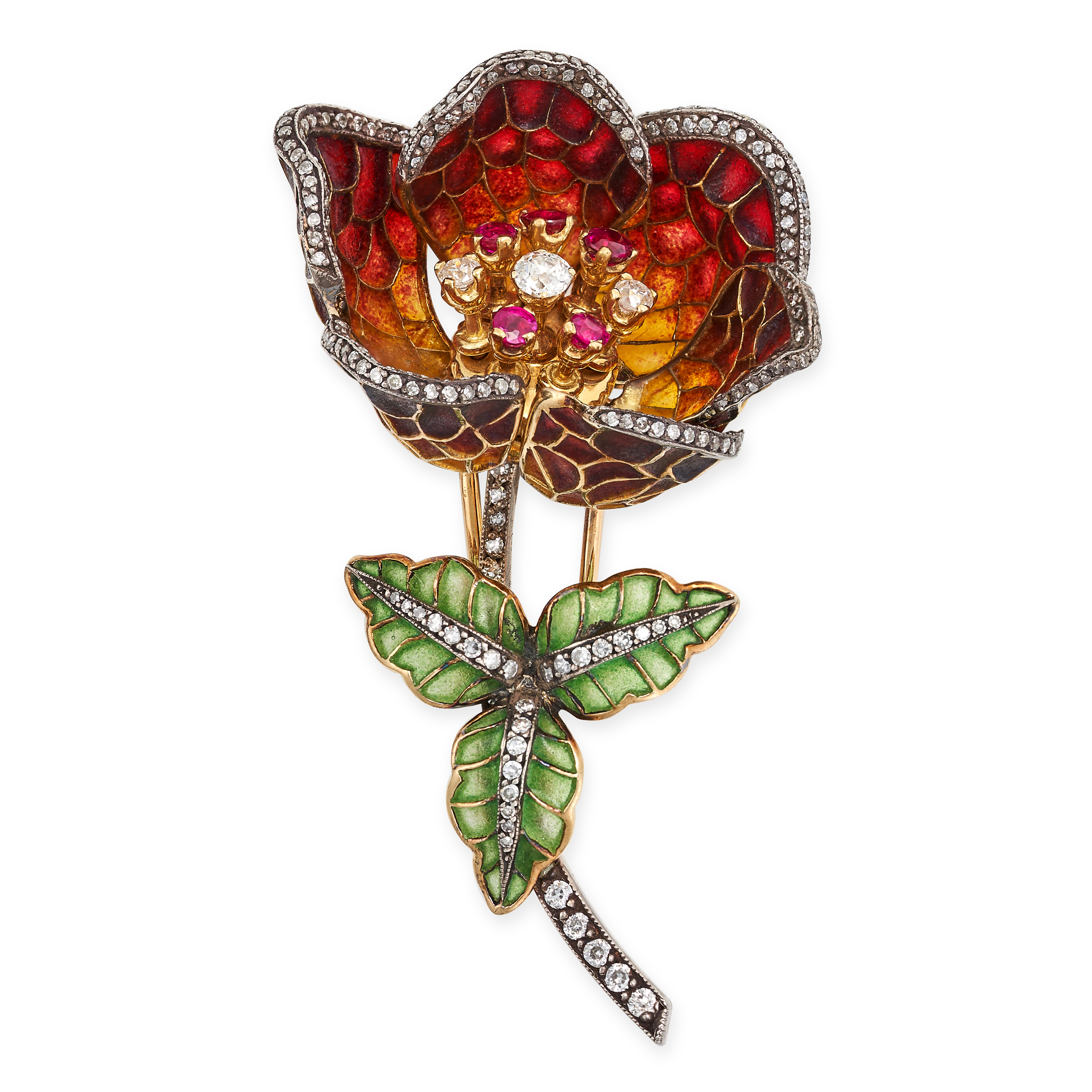 A DIAMOND, RUBY AND PLIQUE A JOUR ENAMEL FLOWER BROOCH in yellow gold, designed as an articulated...