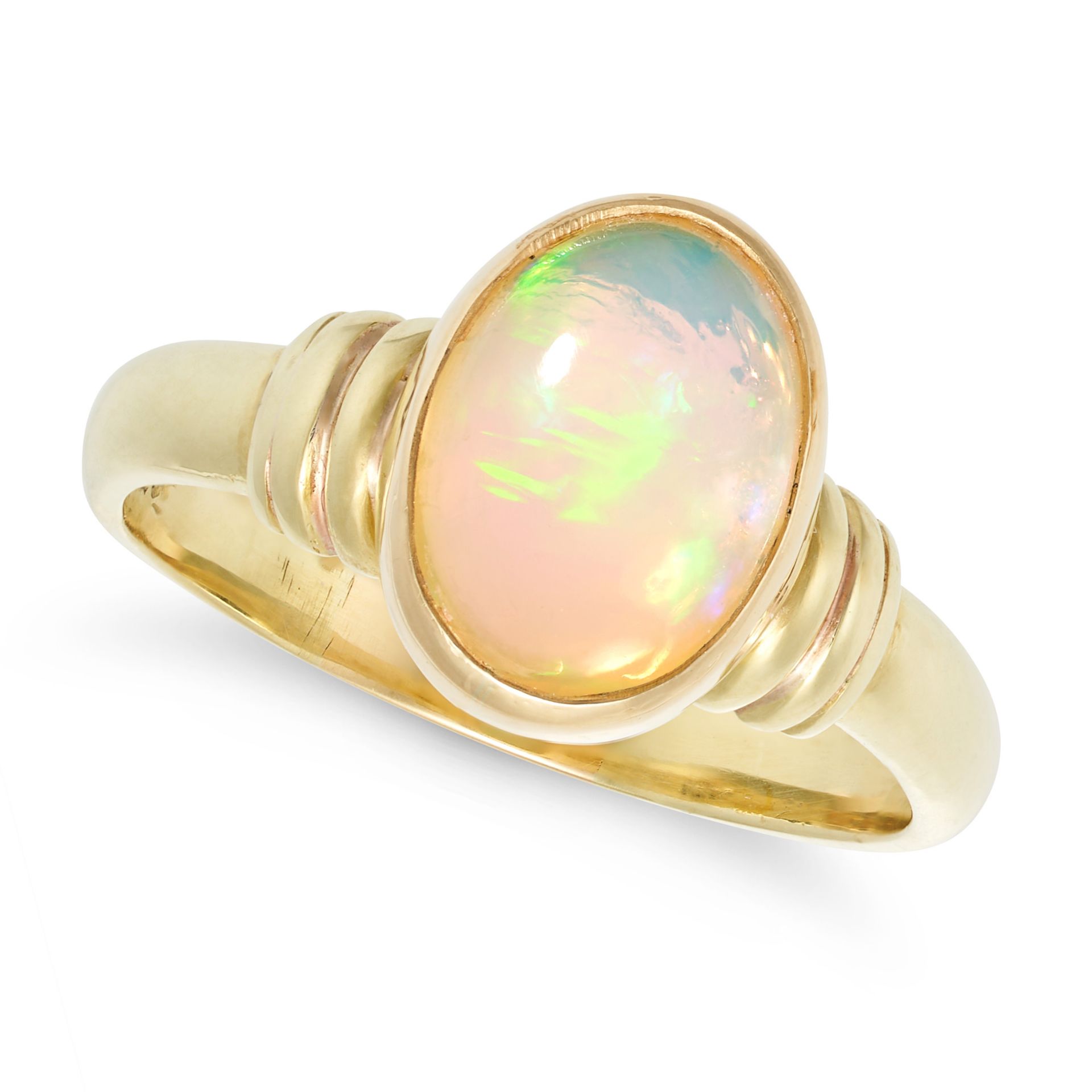 A VINTAGE OPAL RING in 18ct yellow gold, set with a cabochon opal of approximately 3.75 carats, t...
