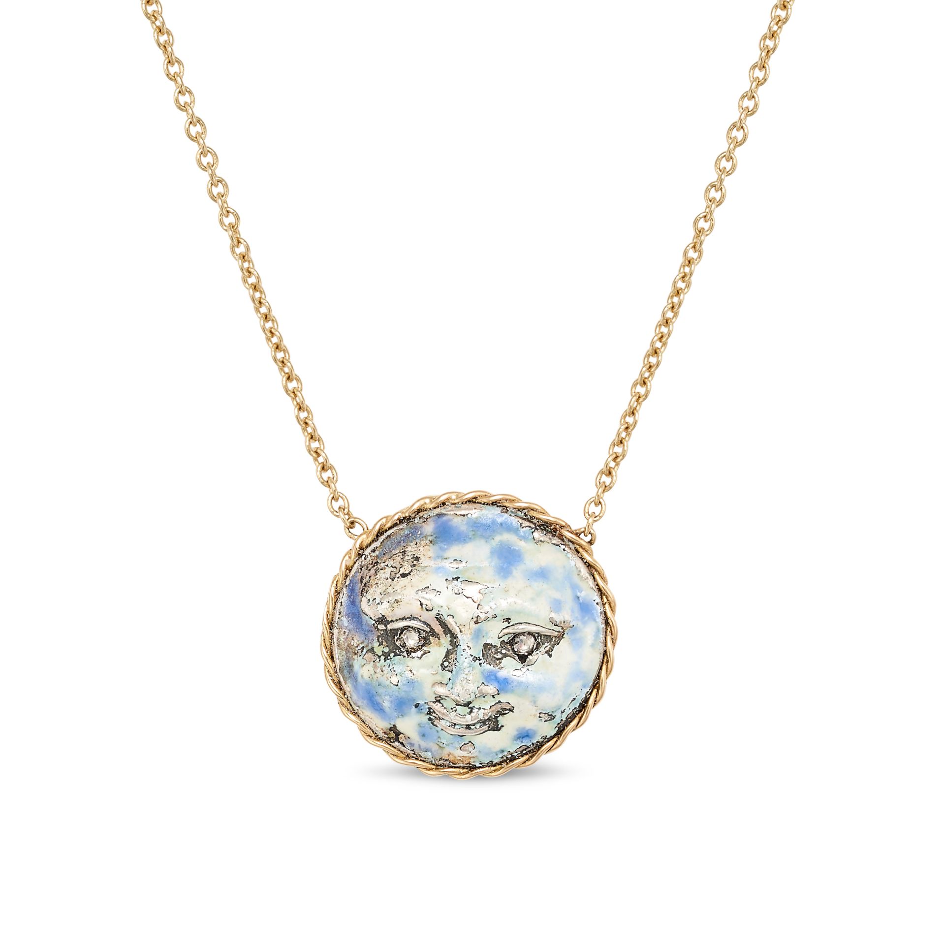 AN ENAMEL AND DIAMOND MAN IN THE MOON NECKLACE in 18ct yellow gold and silver, the pendant design...