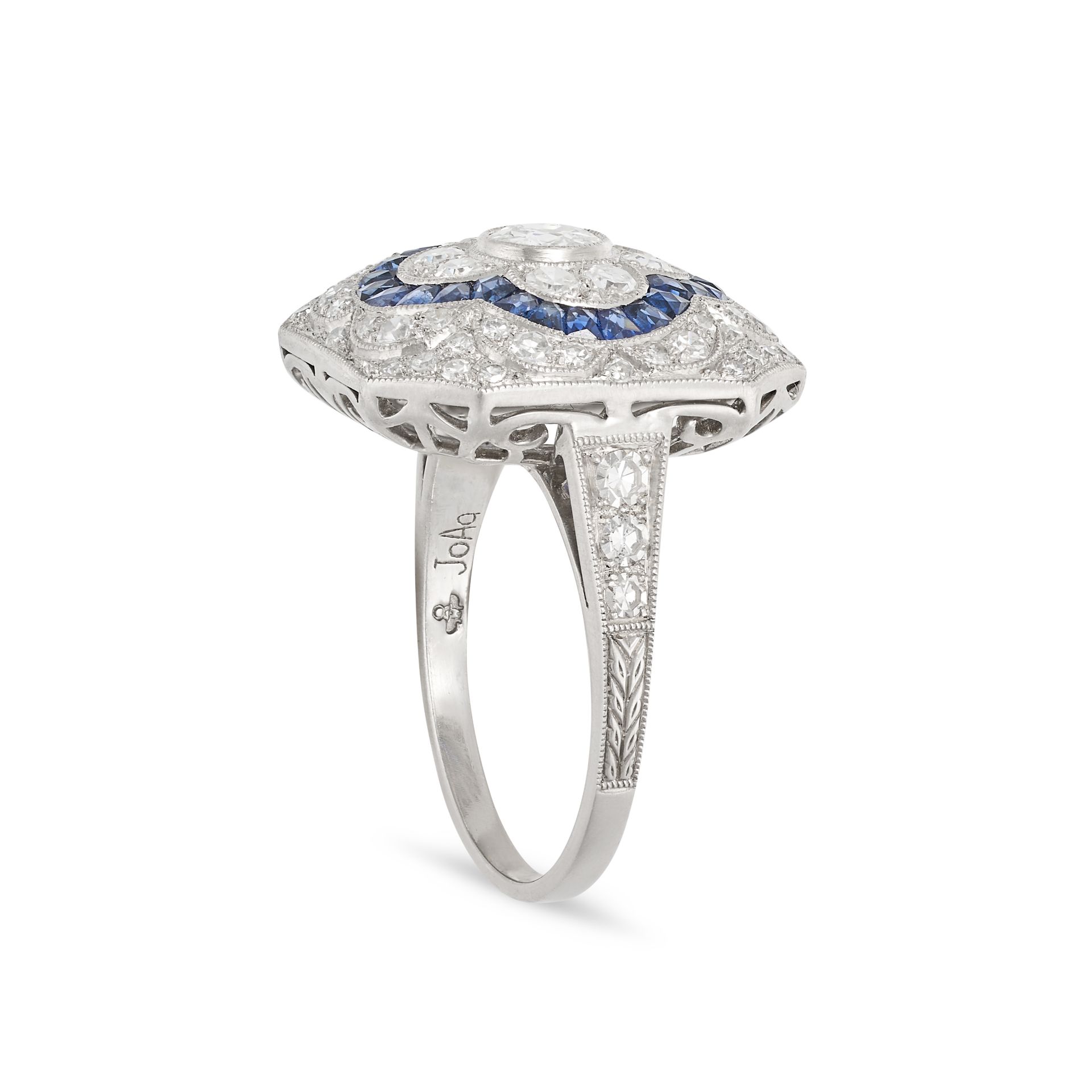 A VINTAGE SAPPHIRE AND DIAMOND DRESS RING in platinum, set with an old cut diamond of 0.19 carats... - Image 2 of 2