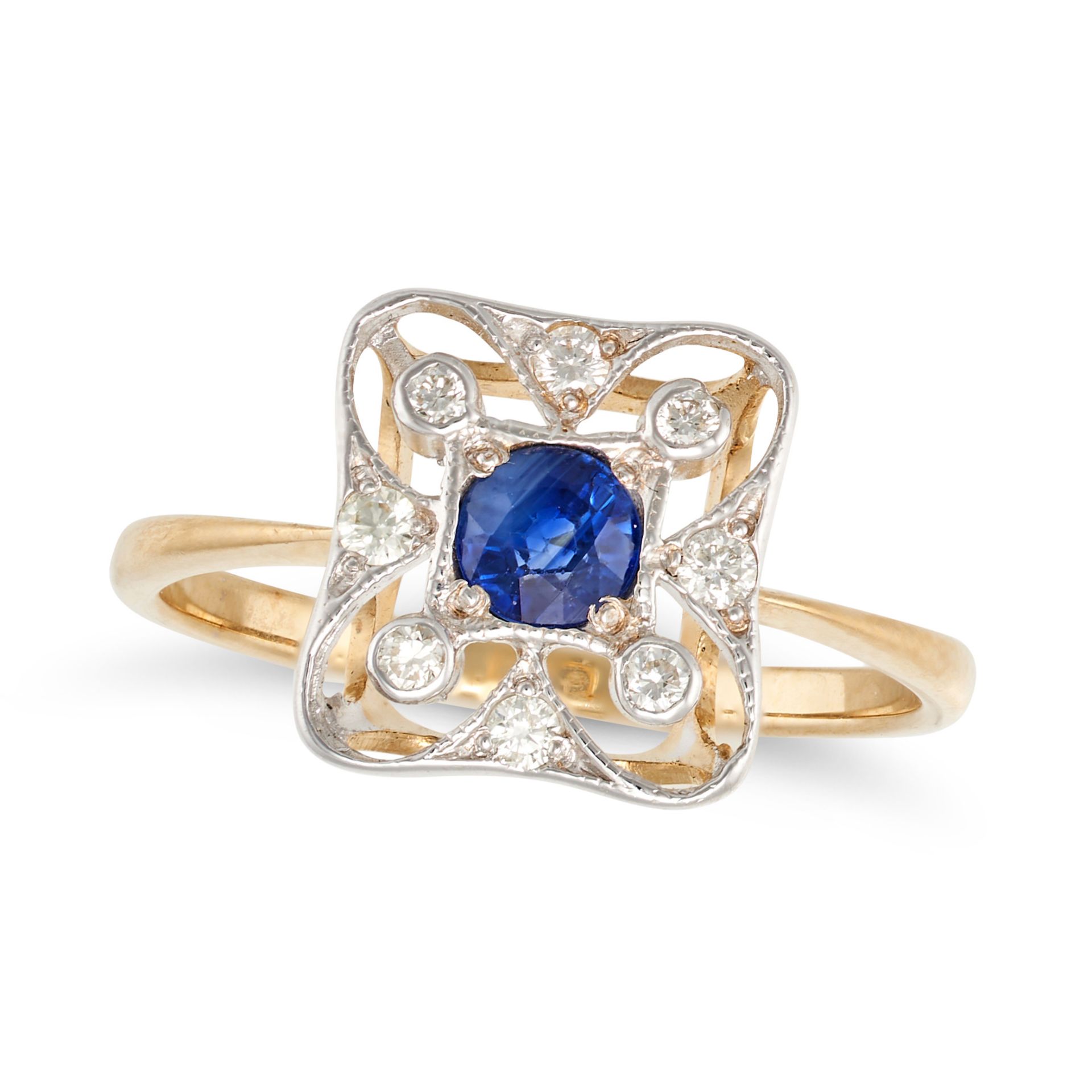NO RESERVE - A SAPPHIRE AND DIAMOND DRESS RING in yellow gold, the square openwork face set with ...