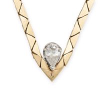 A DIAMOND NECKLACE in 14ct yellow gold, comprising a row of fancy triangular inks, set with a pea...