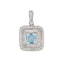 AN AQUAMARINE AND DIAMOND PENDANT in 18ct white gold, set with a square step cut aquamarine of ap...