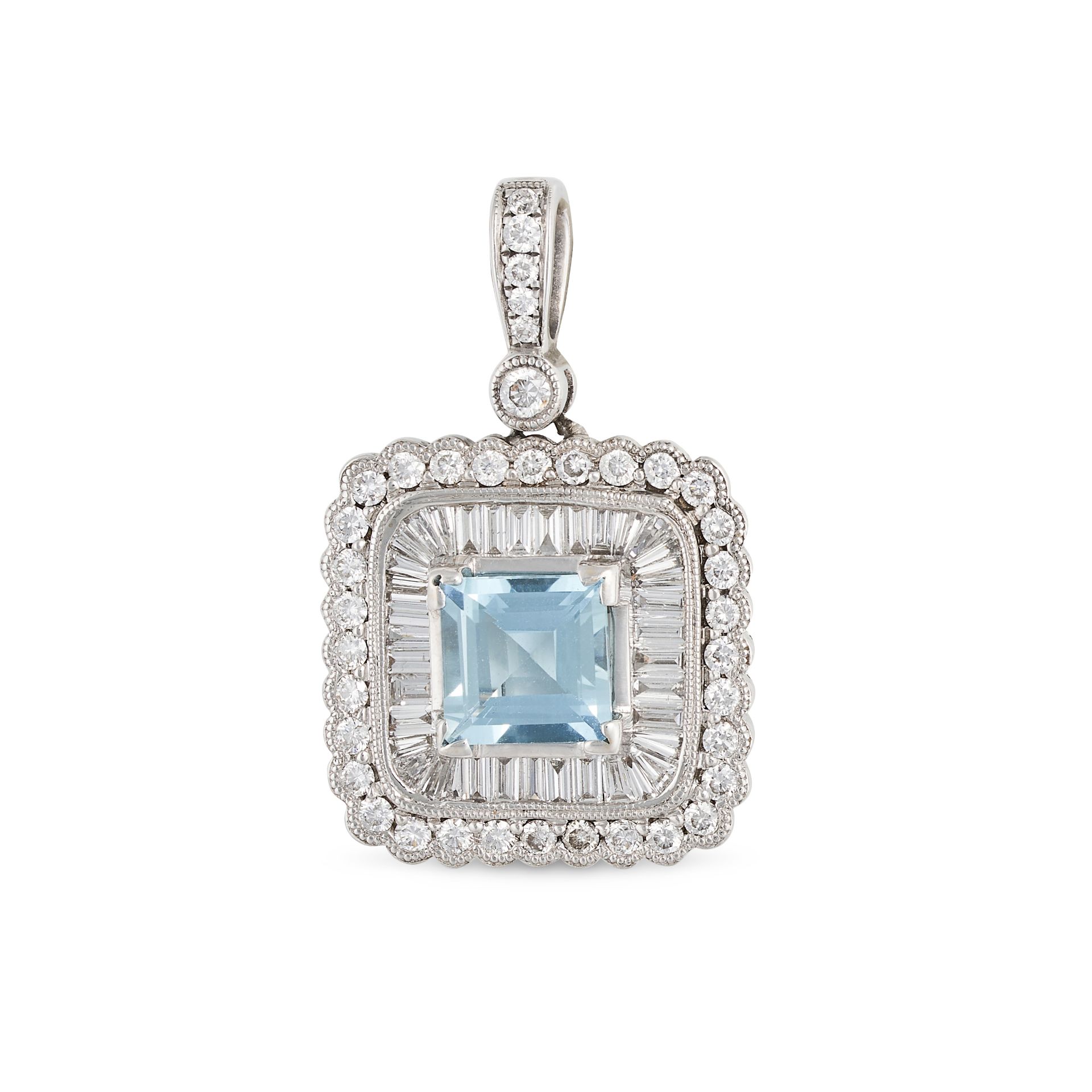 AN AQUAMARINE AND DIAMOND PENDANT in 18ct white gold, set with a square step cut aquamarine of ap...