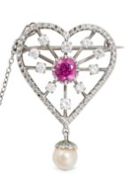 A PINK SAPPHIRE, DIAMOND AND PEARL HEART BROOCH in white gold, the openwork heart set to the cent...