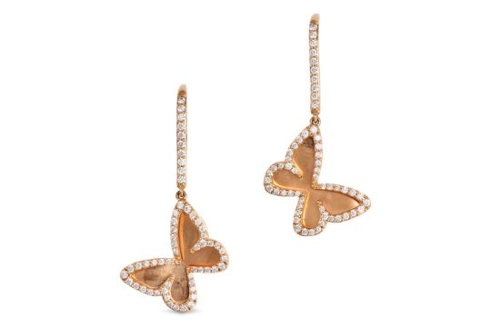 MESSIKA, A PAIR OF DIAMOND BUTTERFLY EARRINGS in 18ct rose gold, each comprising a row of round b...