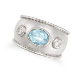 THEO FENNELL, A BLUE TOPAZ AND DIAMOND RING in 18ct white gold, the wide tapering band set with a...