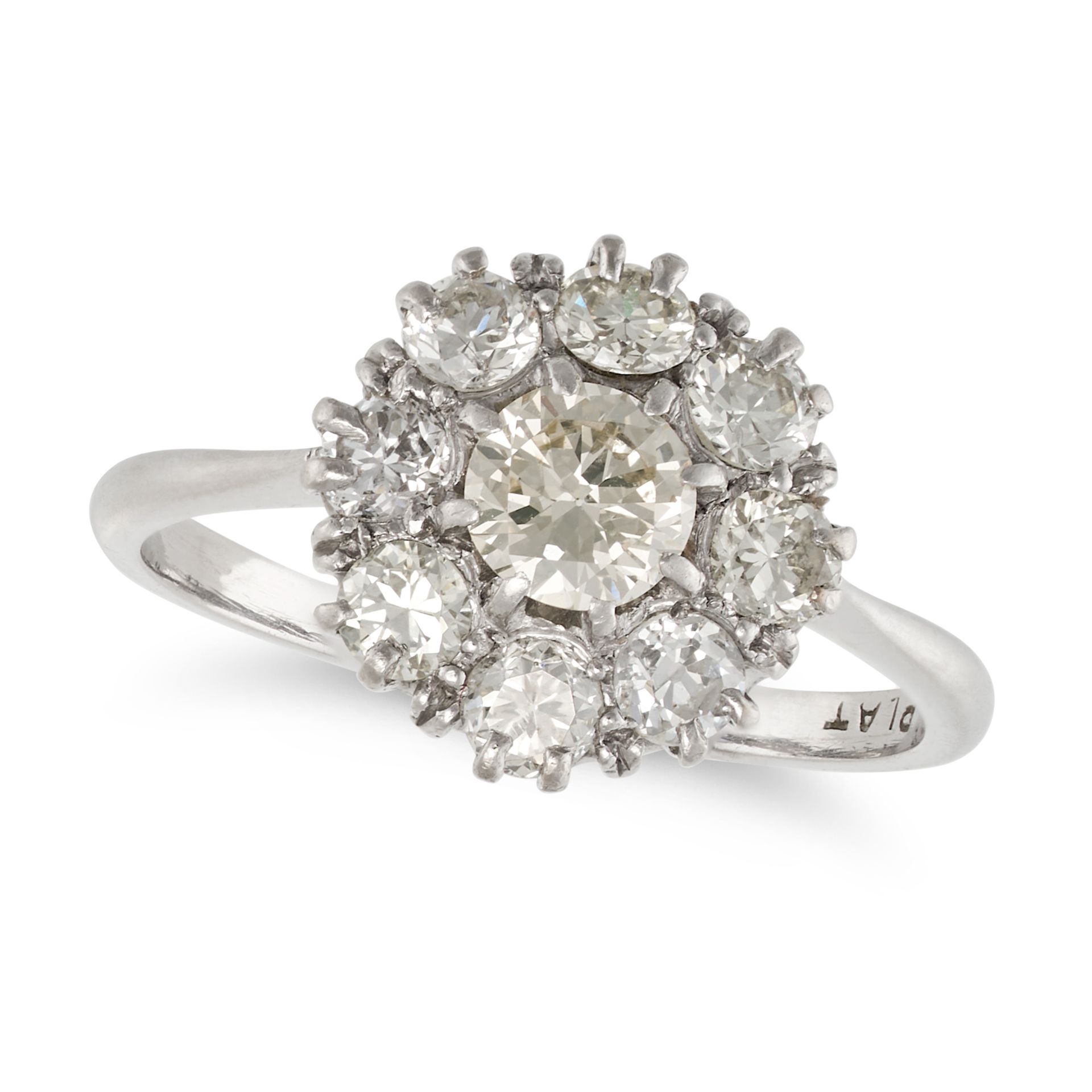 A DIAMOND CLUSTER RING in platinum, set with a cluster of old European cut diamonds, the diamonds...