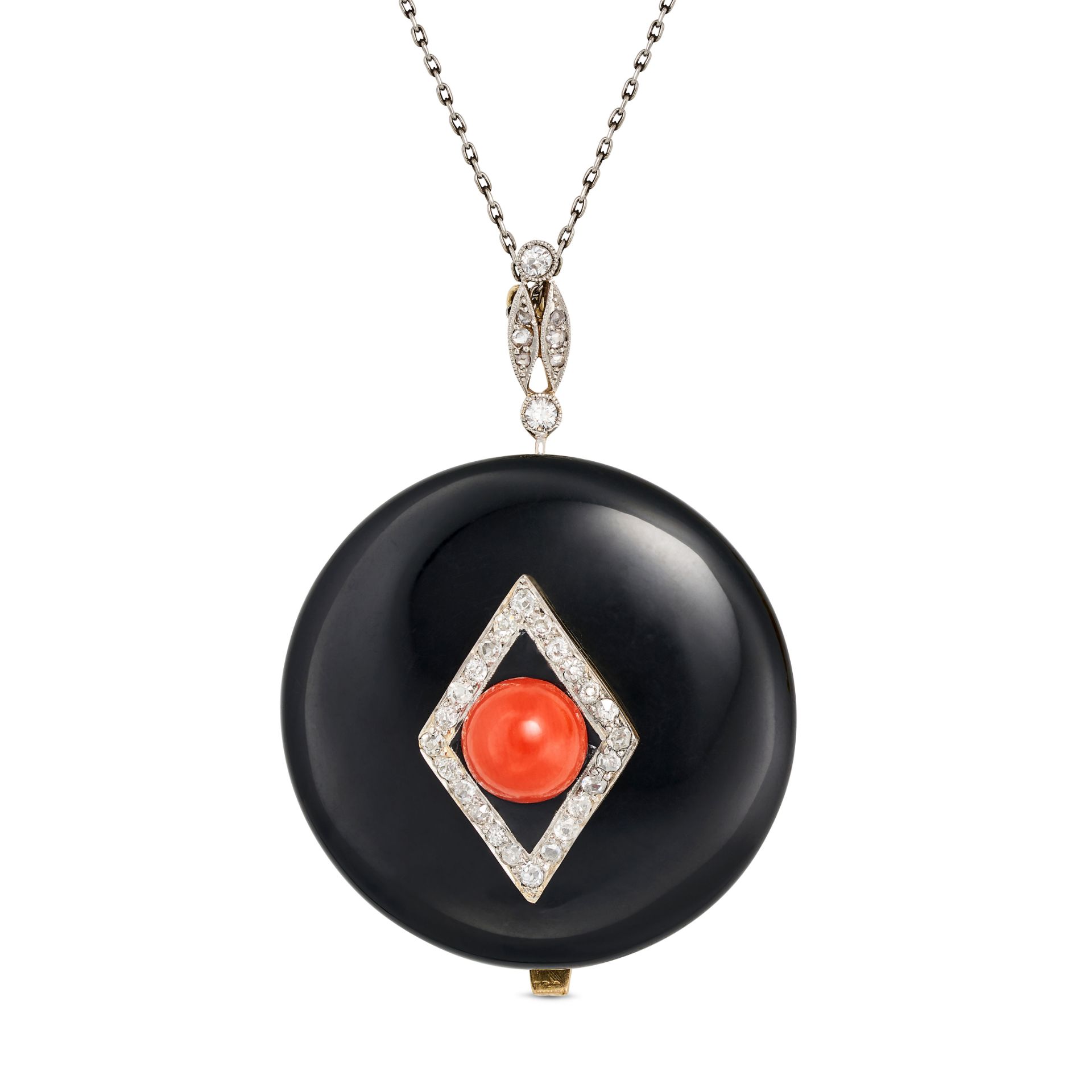 AN ANTIQUE ART DECO ONYX, CORAL AND DIAMOND PENDANT NECKLACE the circular pendant comprising an o...